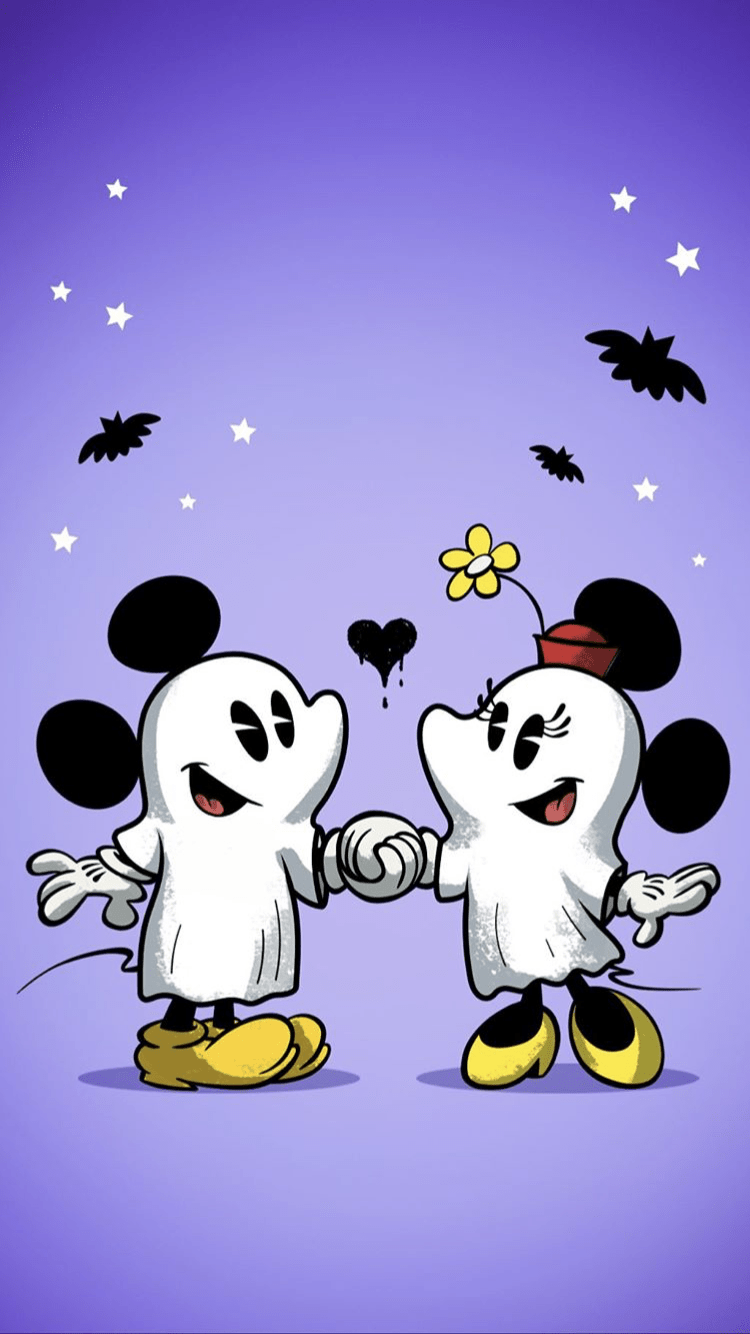 Two cartoon characters are holding hands in a halloween scene - Minnie Mouse
