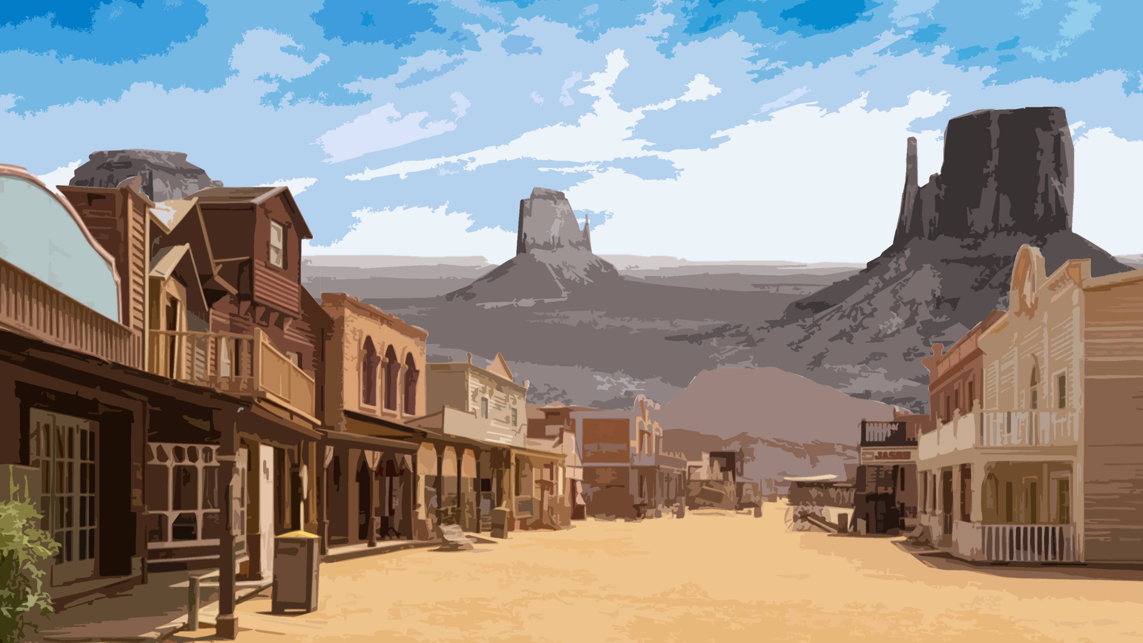A painting of an old west town - Texas, western, desert, cowgirl