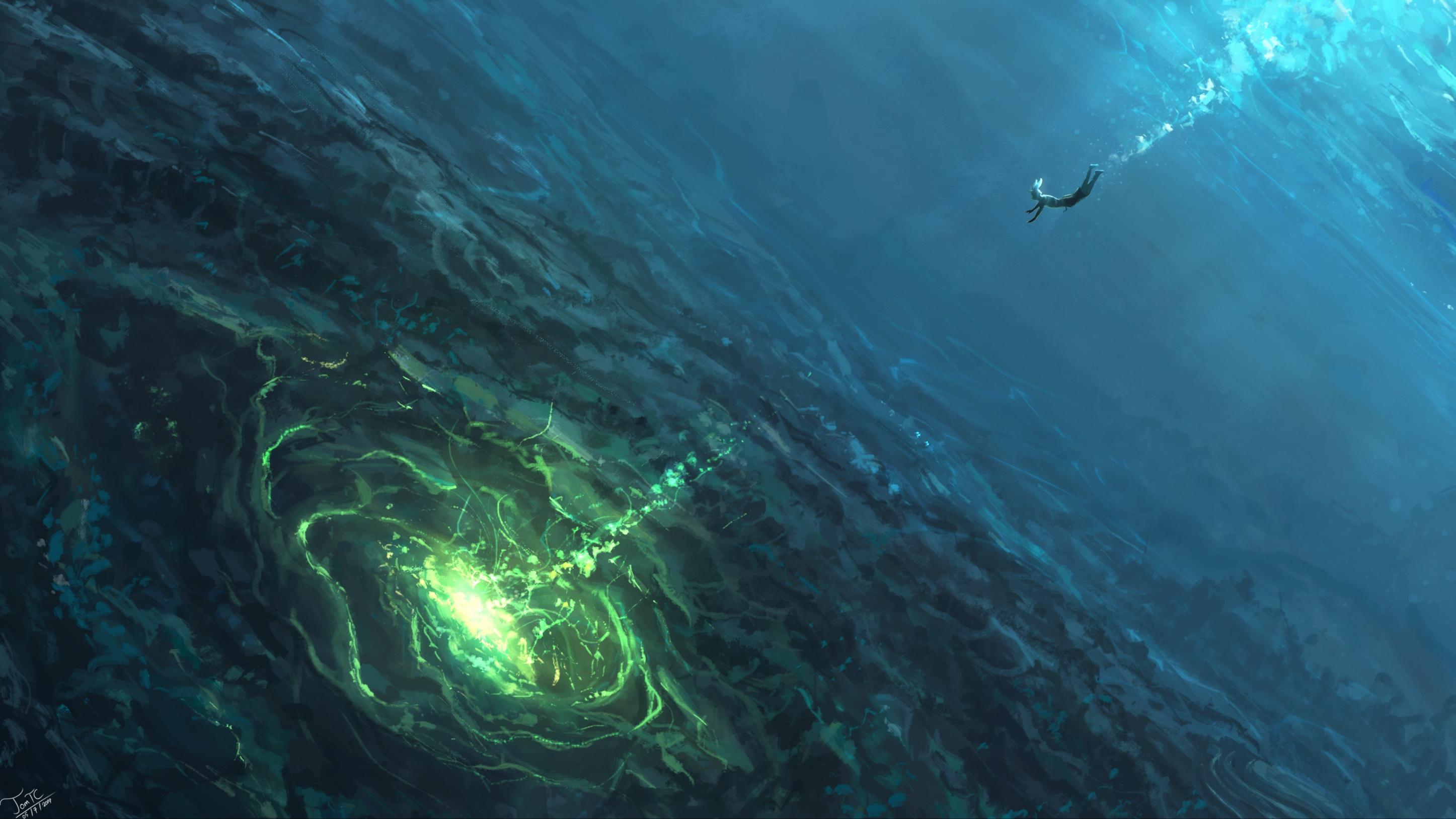 A painting of the ocean with some fish in it - Underwater