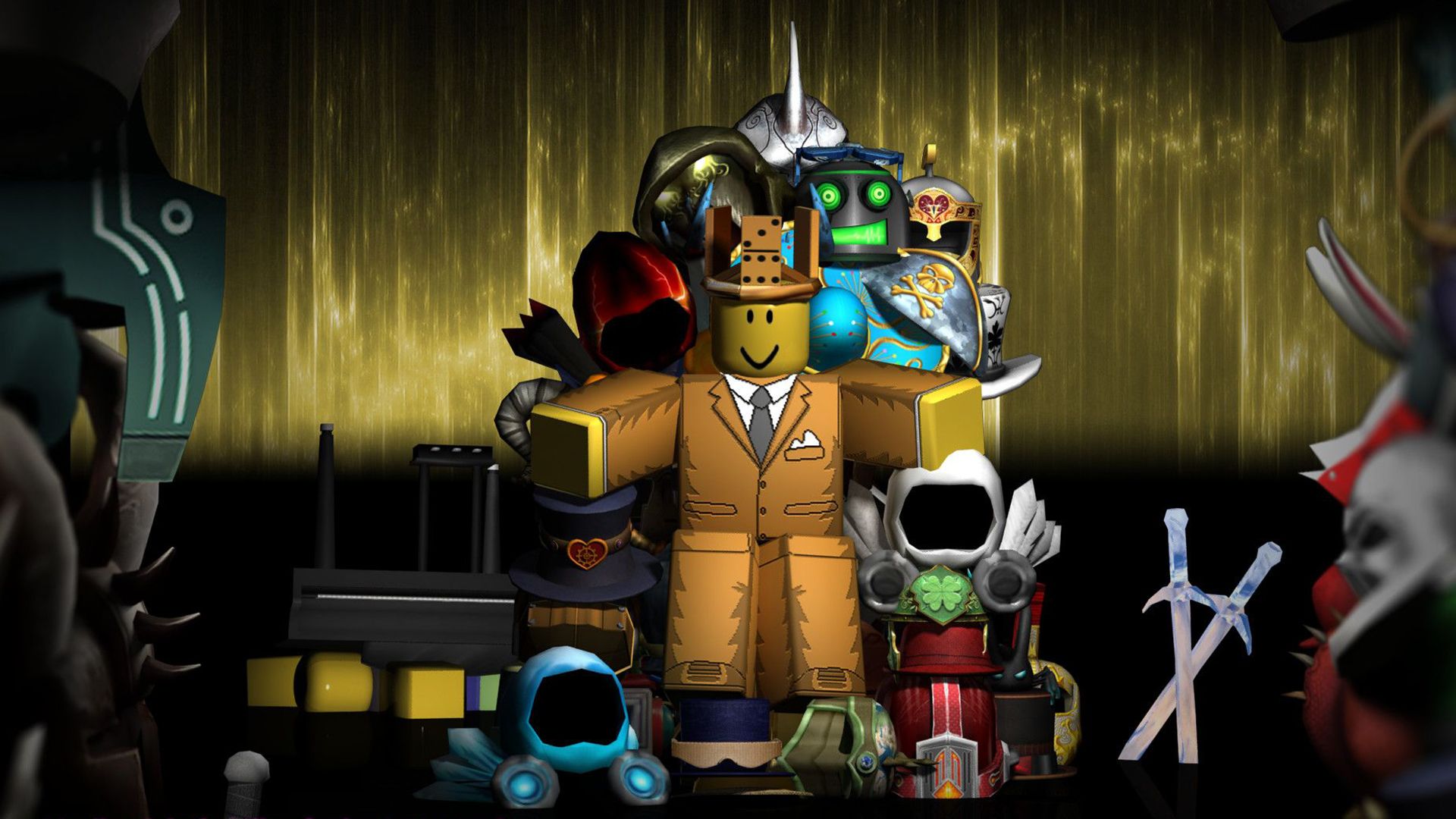 A group of toys in front on an image - Roblox