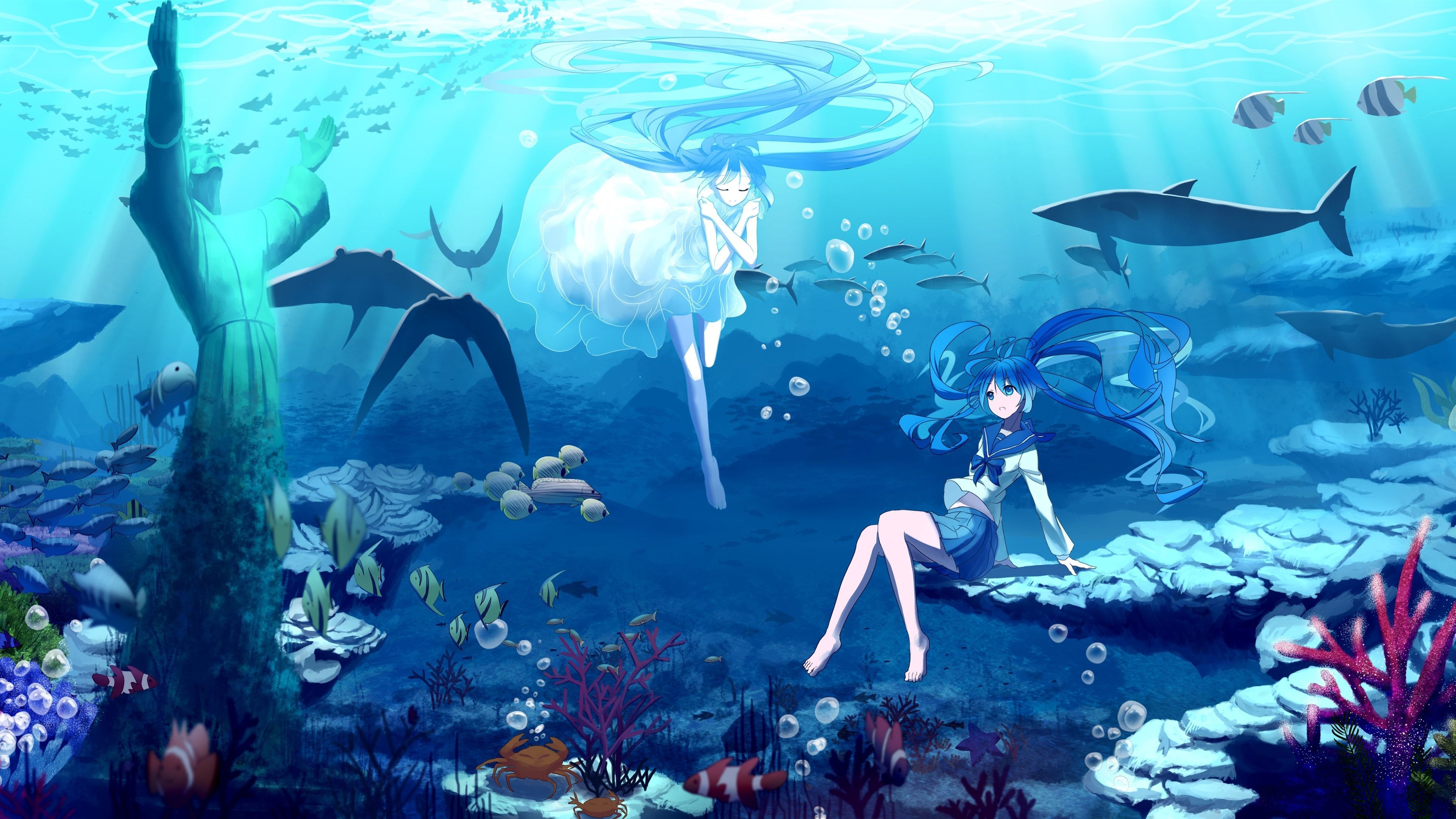 A cartoon of an underwater scene with fish - Underwater