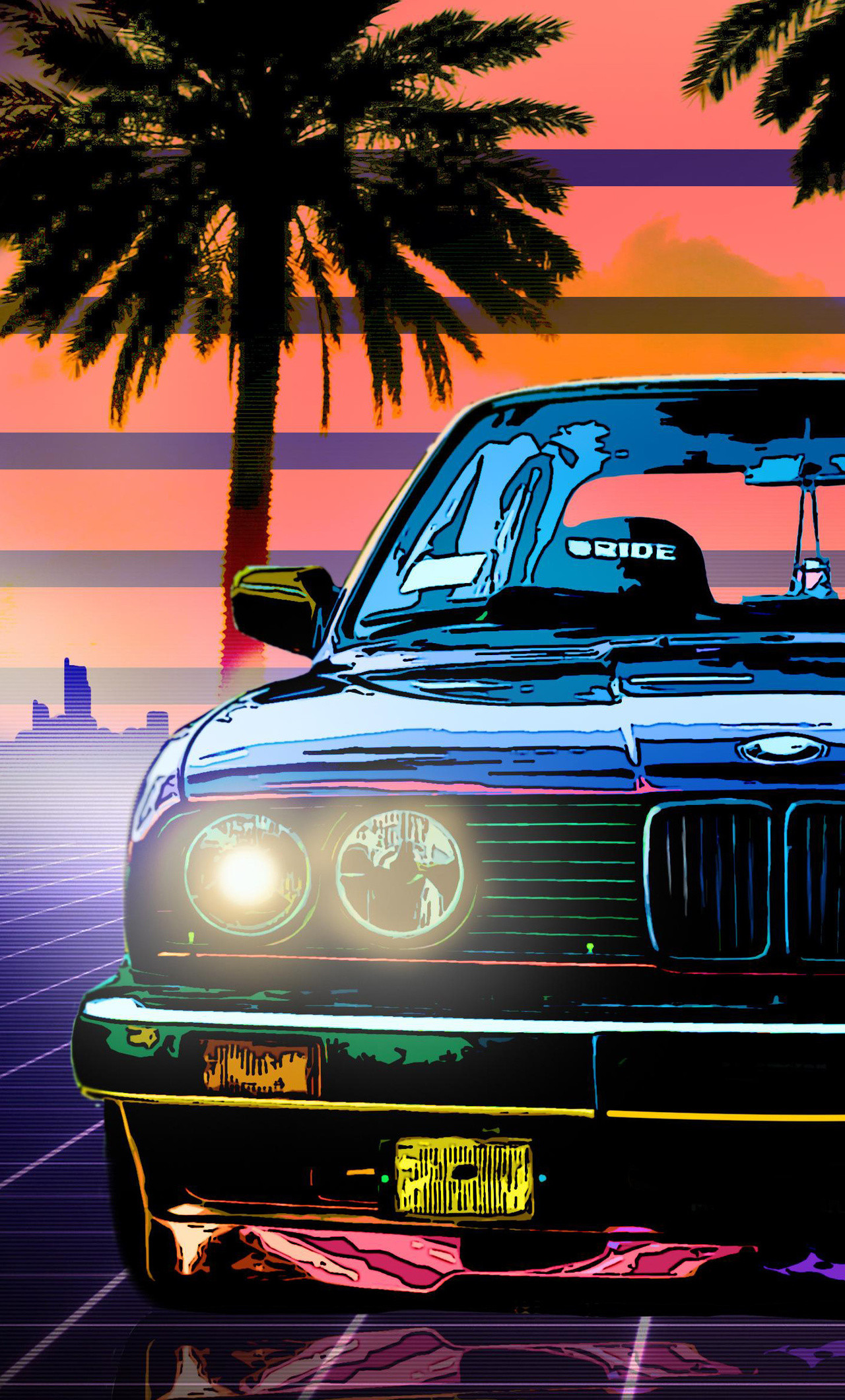 Artwork of a 1980s BMW 3 series in front of a sunset - BMW