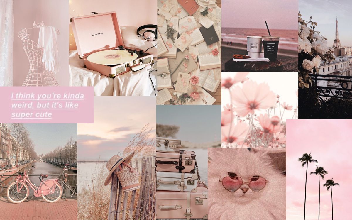A collage of pictures with pink and white backgrounds - Pastel pink