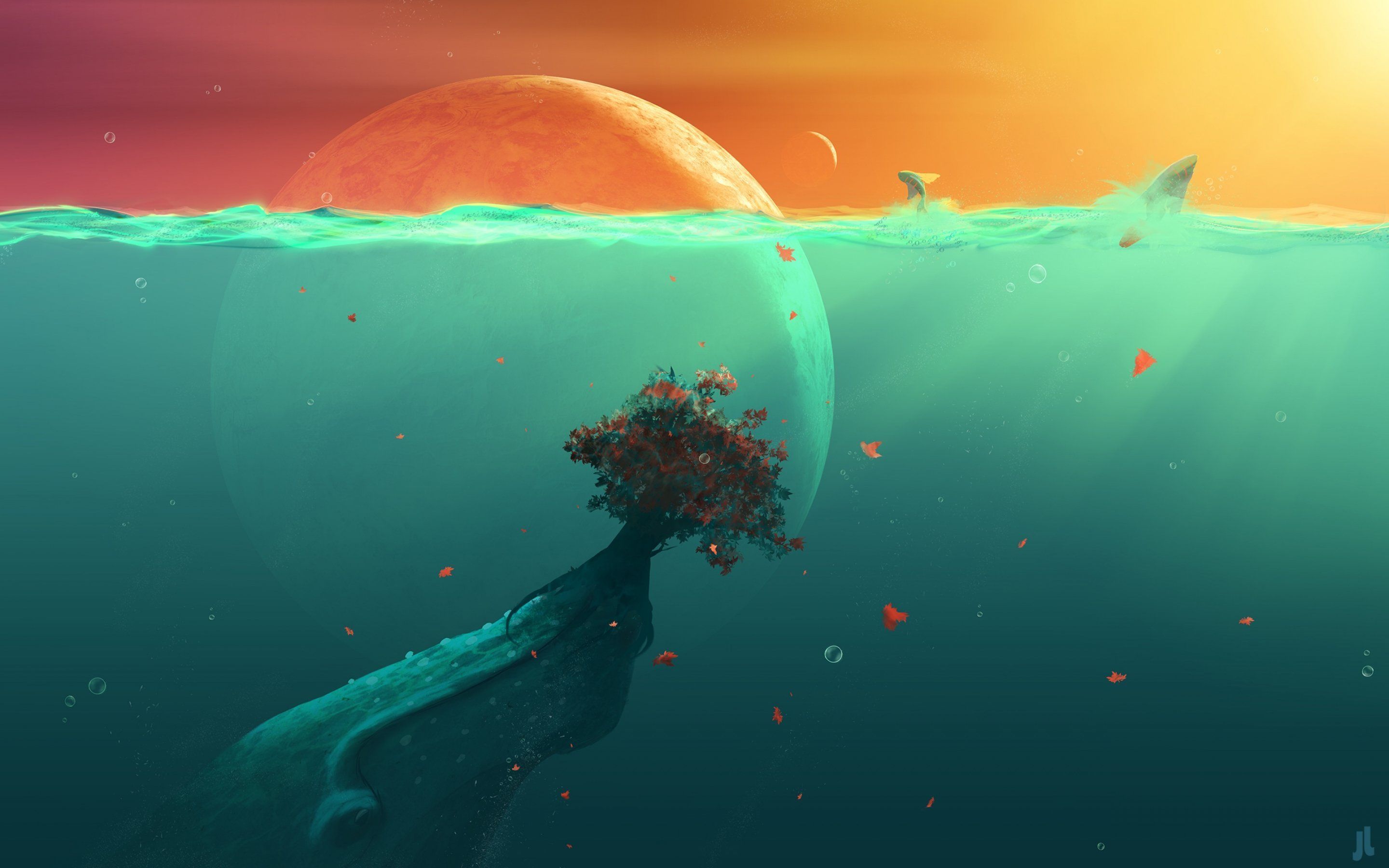 A whale holding a tree in its mouth, swimming towards a sun that is also a planet. - Underwater