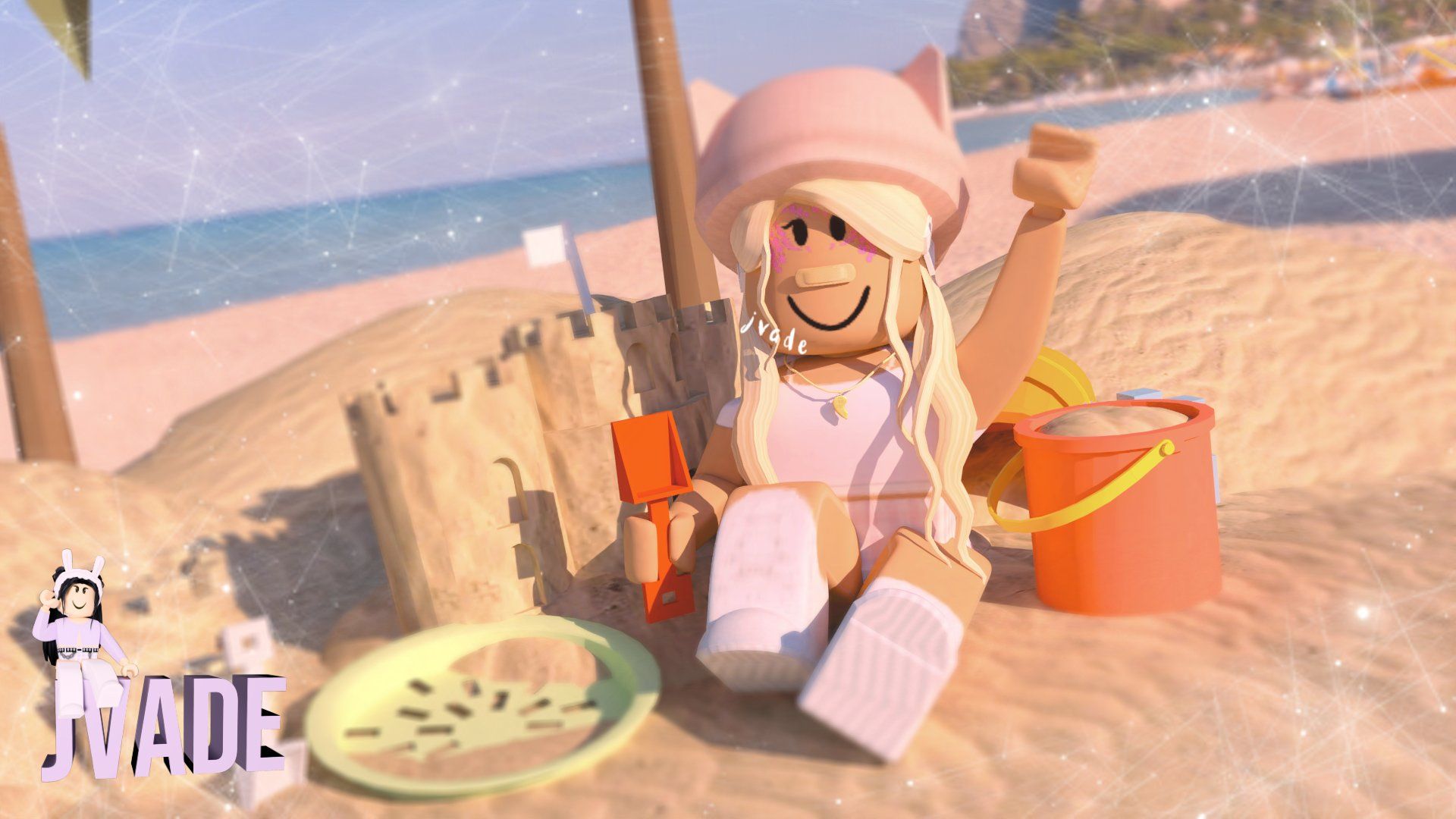 Roblox character at the beach with sand castle - Roblox