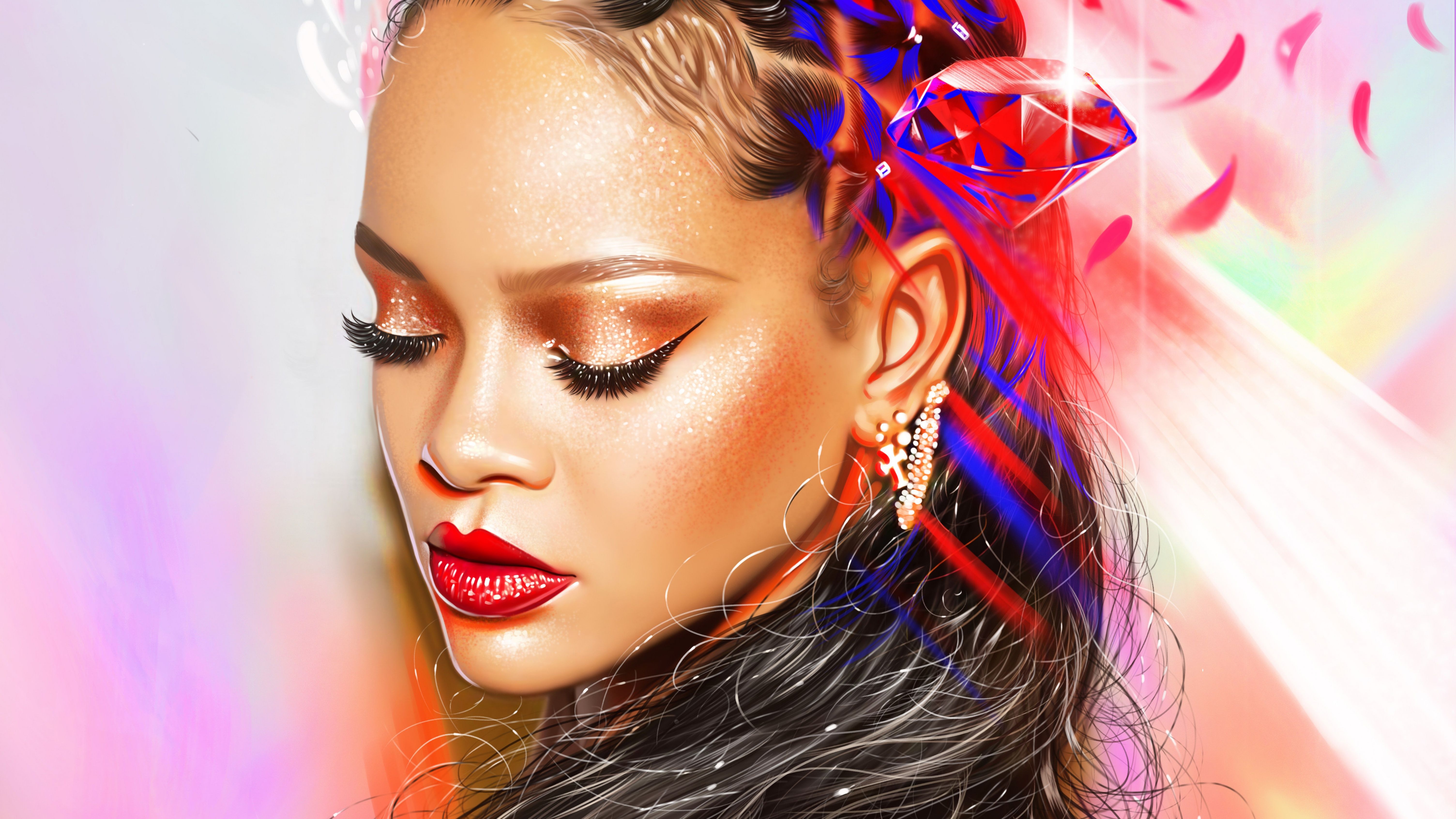 A digital painting of a woman with red lipstick and a blue and red bow in her hair. - Rihanna