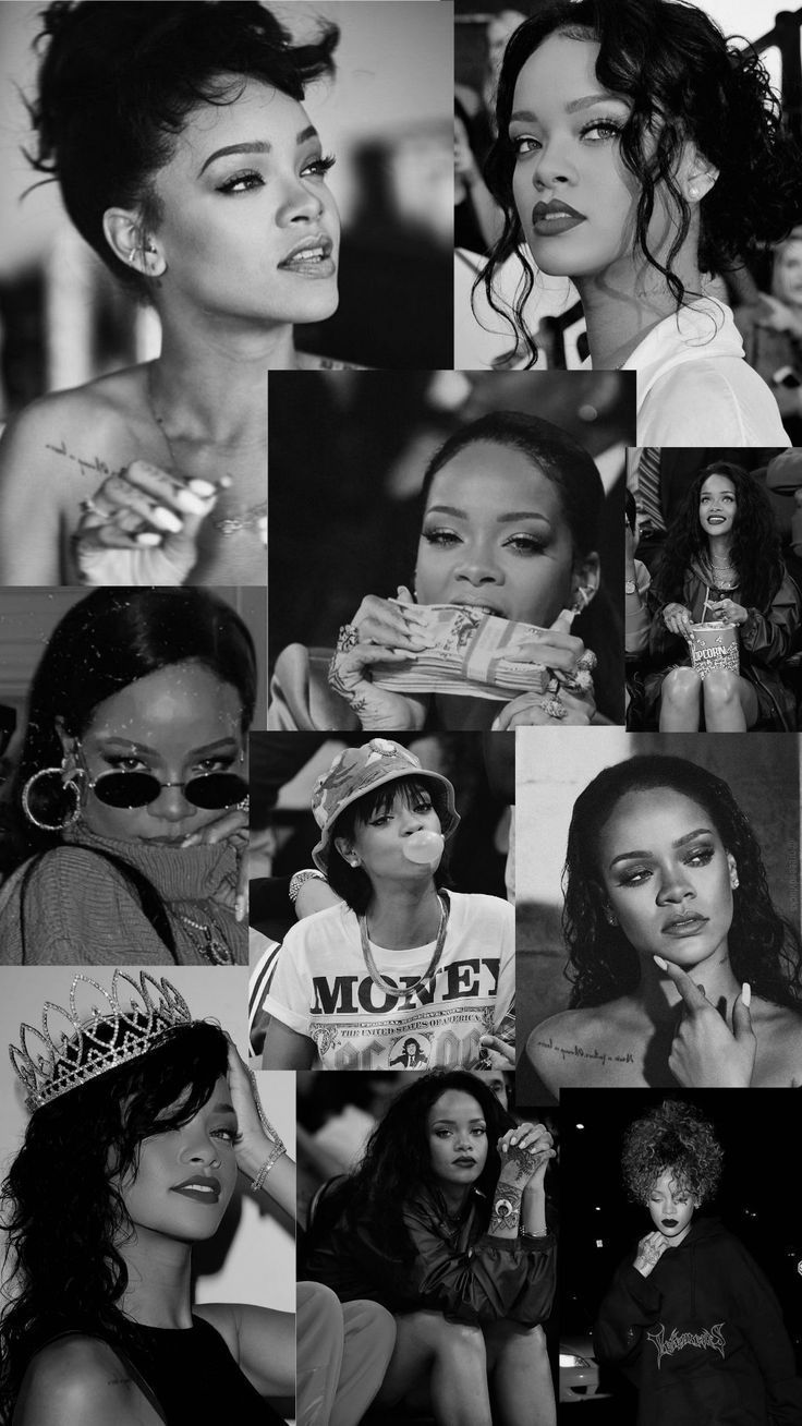 A collage of pictures with different women in them - Rihanna