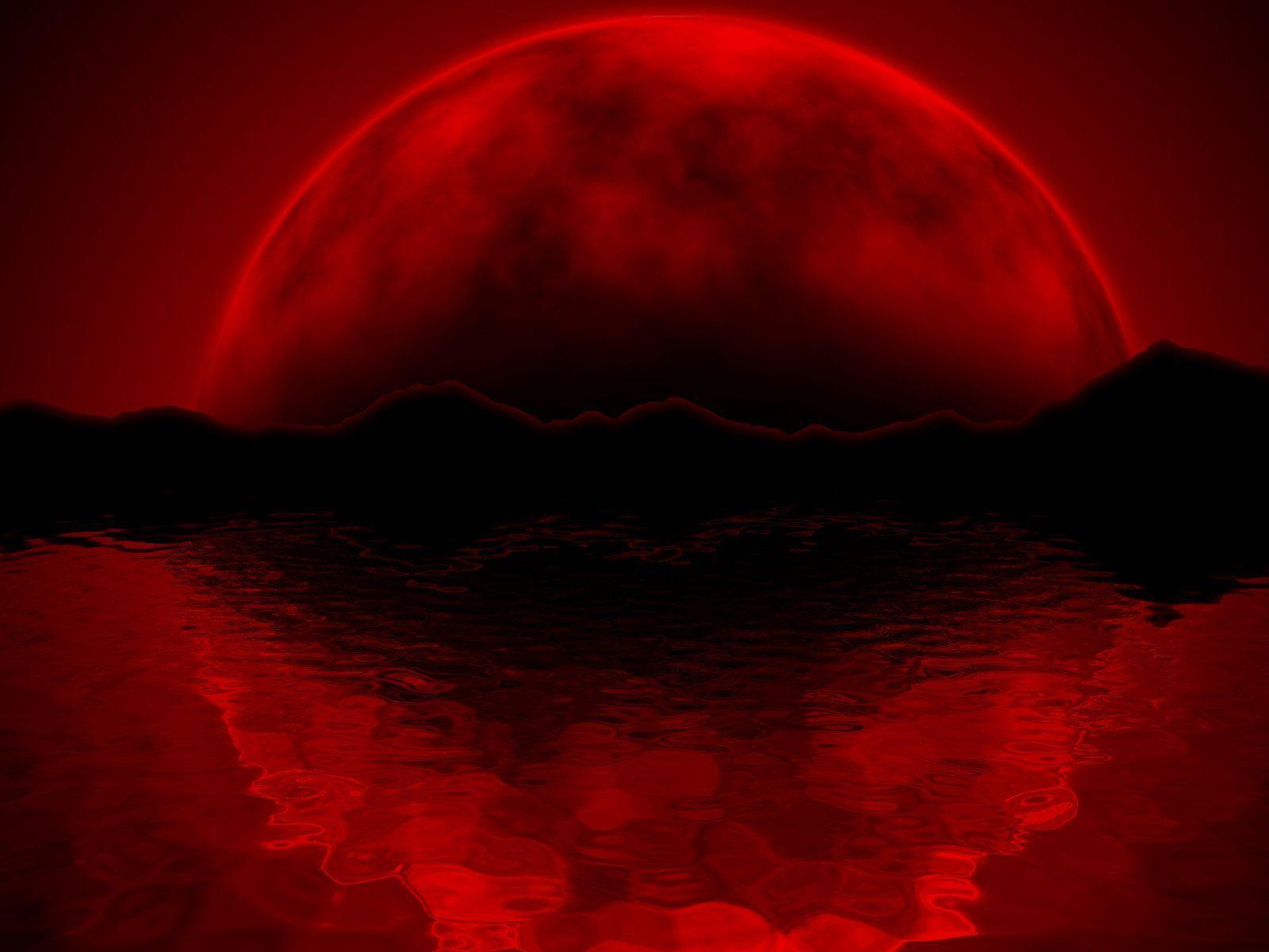 A red moon is reflected in a body of water - Crimson