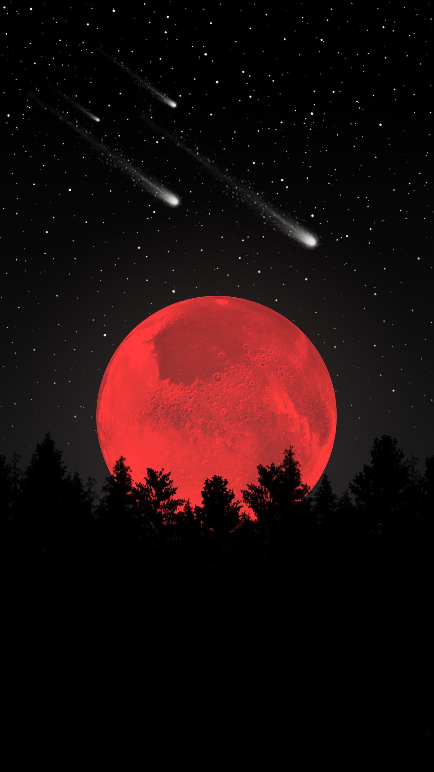 A red full moon rises over a forest of trees - Crimson