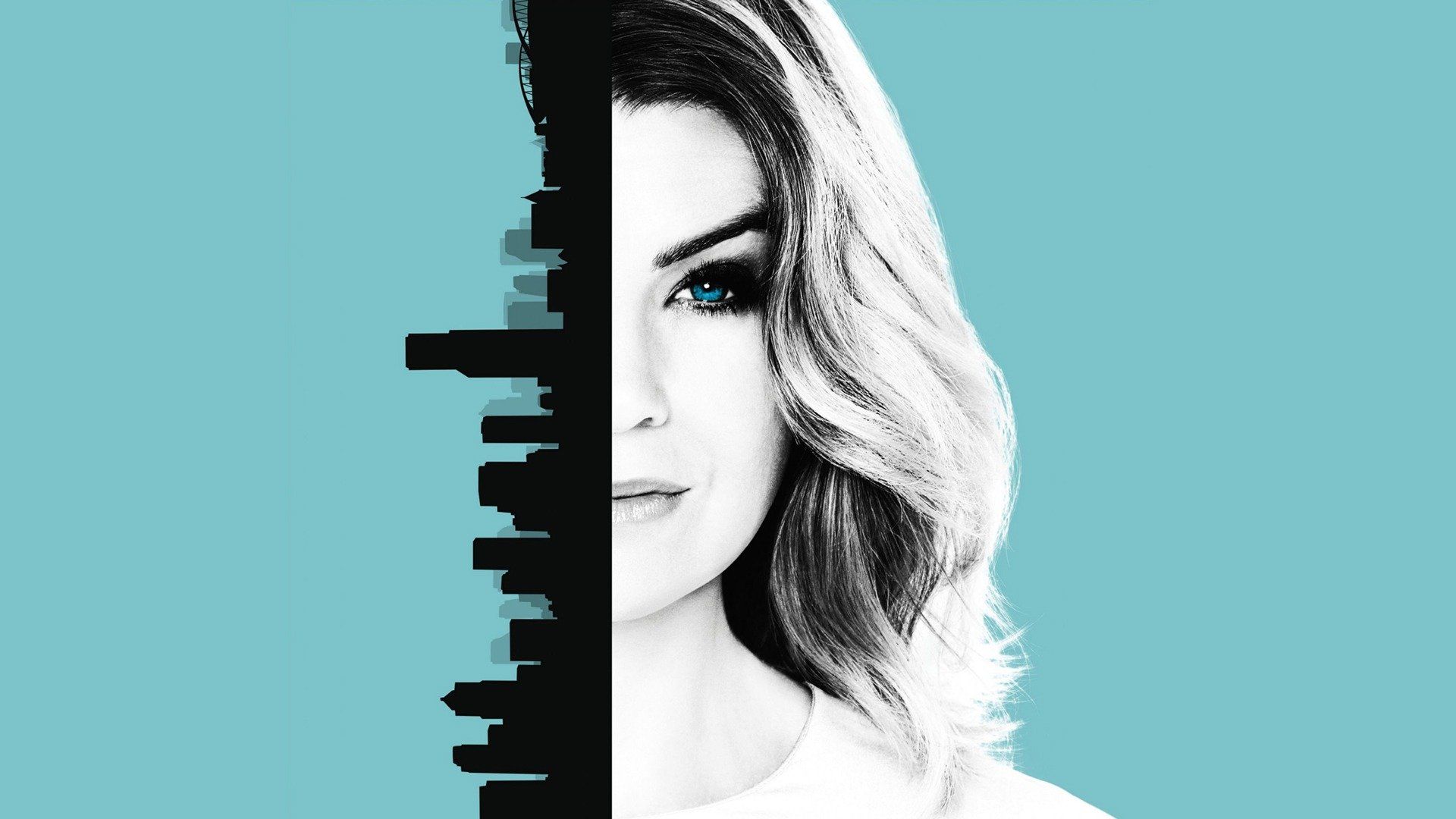 A woman with blonde hair and blue eyes is shown in profile. Her face is split in half vertically, with the left side showing a close-up of her face and the right side showing a cityscape. - Grey's Anatomy