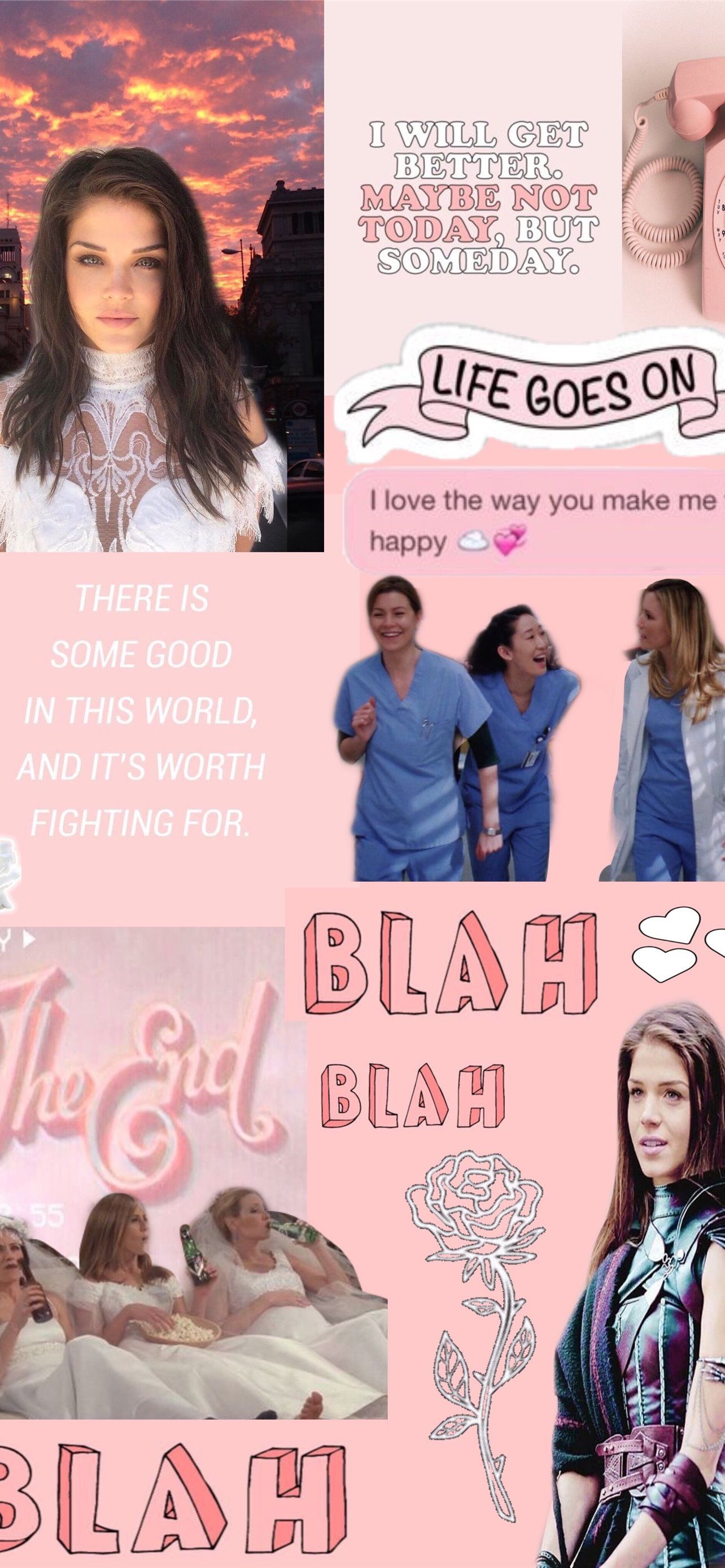 Pink aesthetic collage background with images of the girlboss movie, zelda willansky, and quotes from the movie - Grey's Anatomy