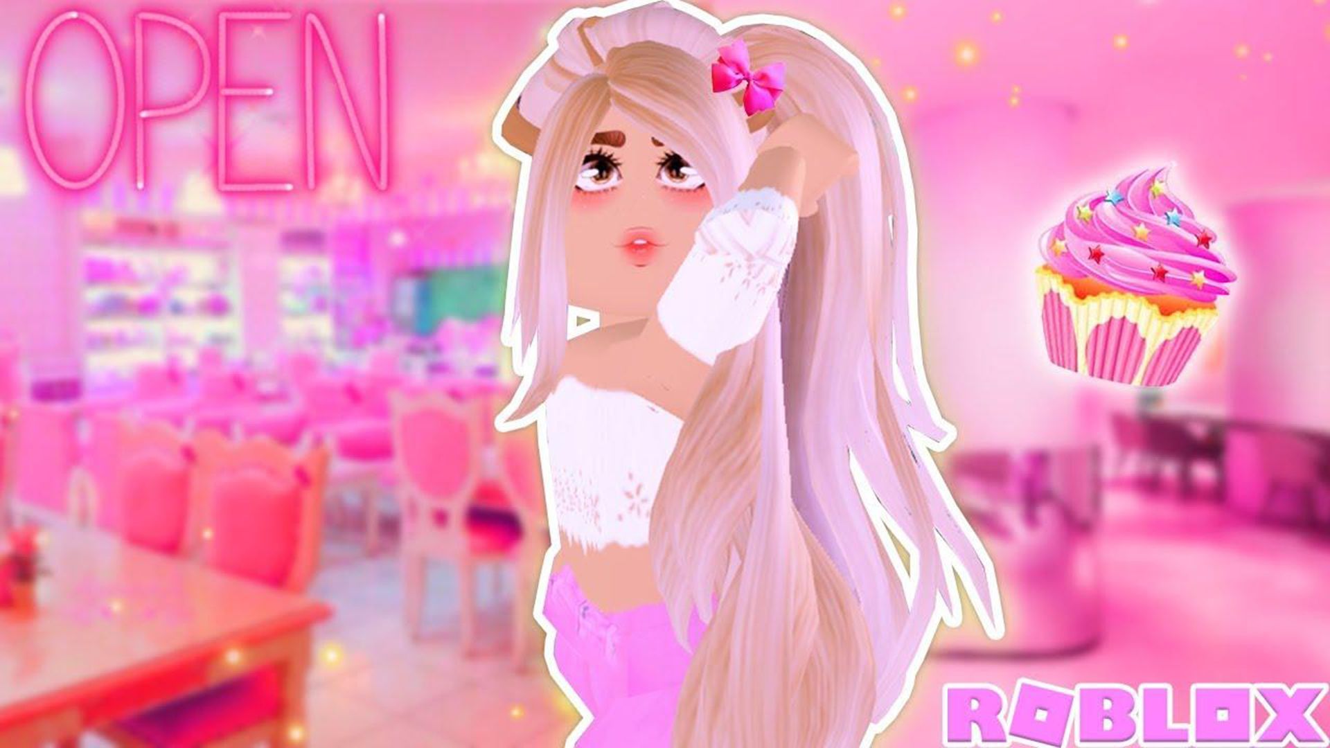 A girl in pink dress and blonde hair is standing at the door of her restaurant - Roblox