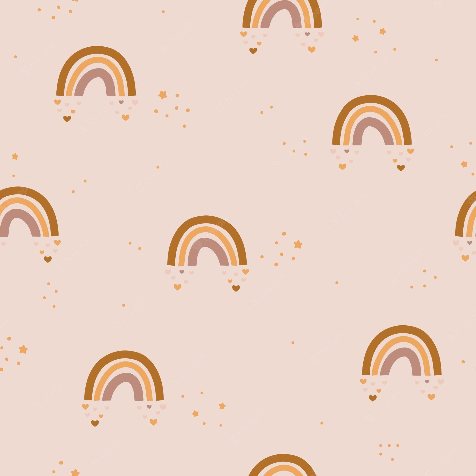 A pattern of rainbows and hearts on a light pink background - Boho