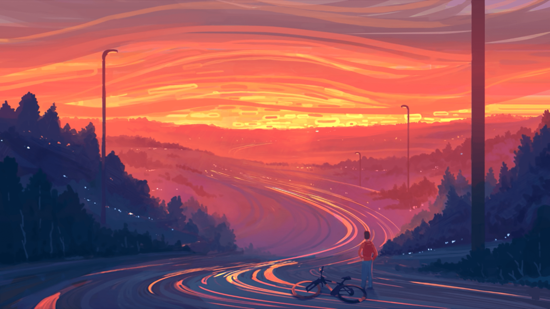 A man riding his bike down the road - Sunset, road
