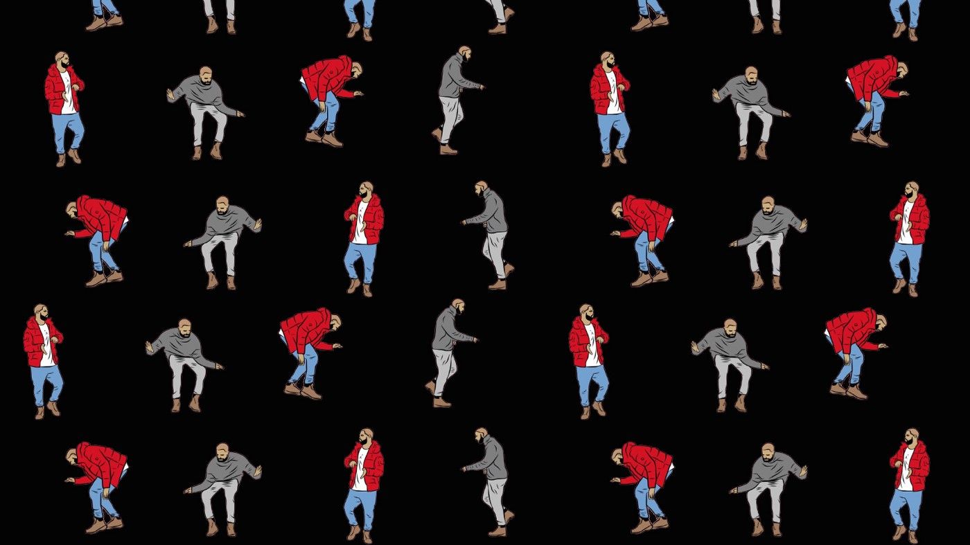 A black background with a pattern of Drake in different poses from his music video for 