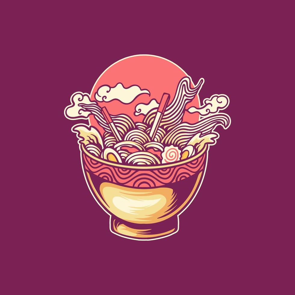 A bowl of noodles with clouds and sunset - Ramen