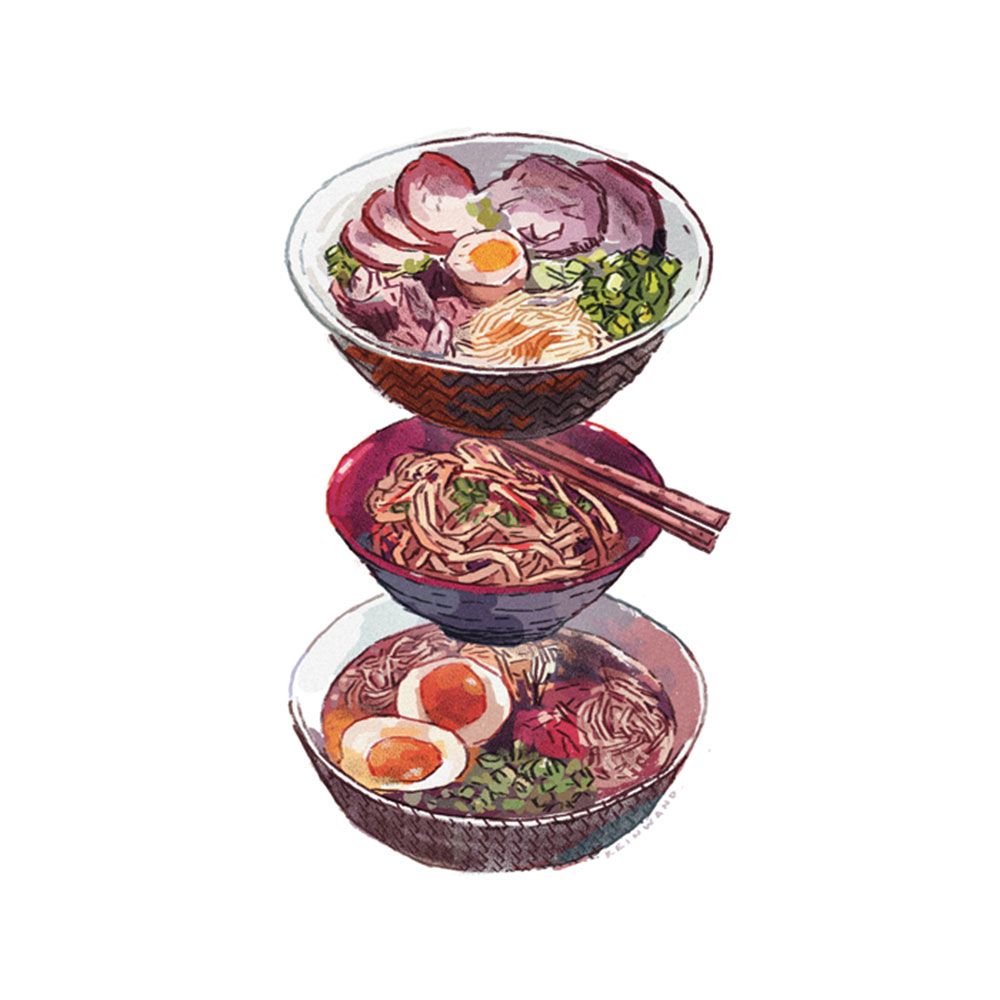 An illustration of three bowls of ramen stacked on top of each other. - Ramen