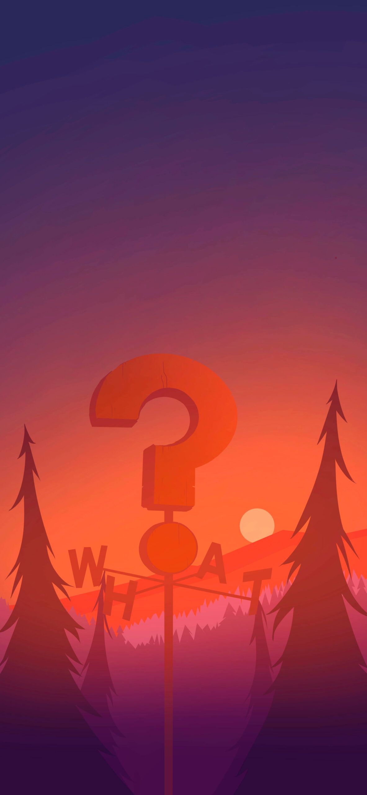 Illustration of a question mark in a forest at sunset - Sunset, sunrise