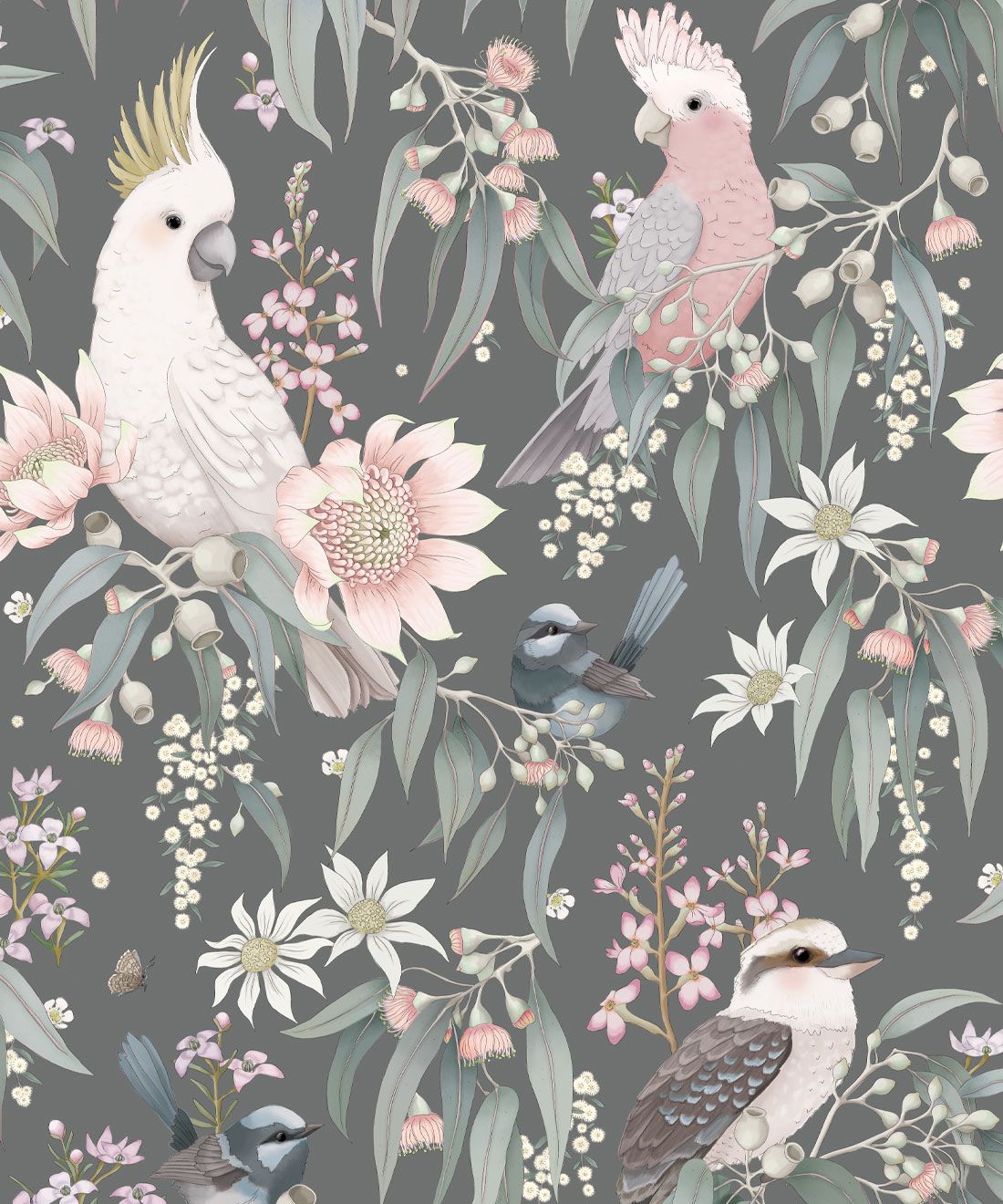 A pattern of native Australian flowers and birds on a grey background - Boho