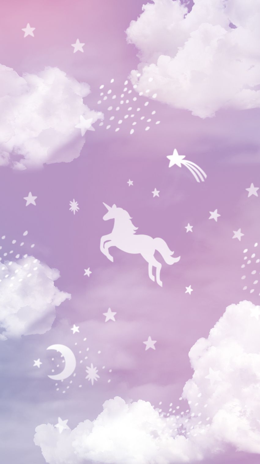 A white unicorn is flying in the sky surrounded by clouds and stars. - Unicorn