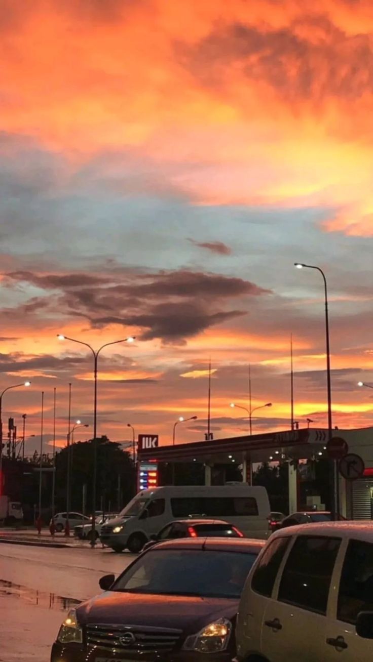 A car is parked at the gas station - Sunset, beautiful