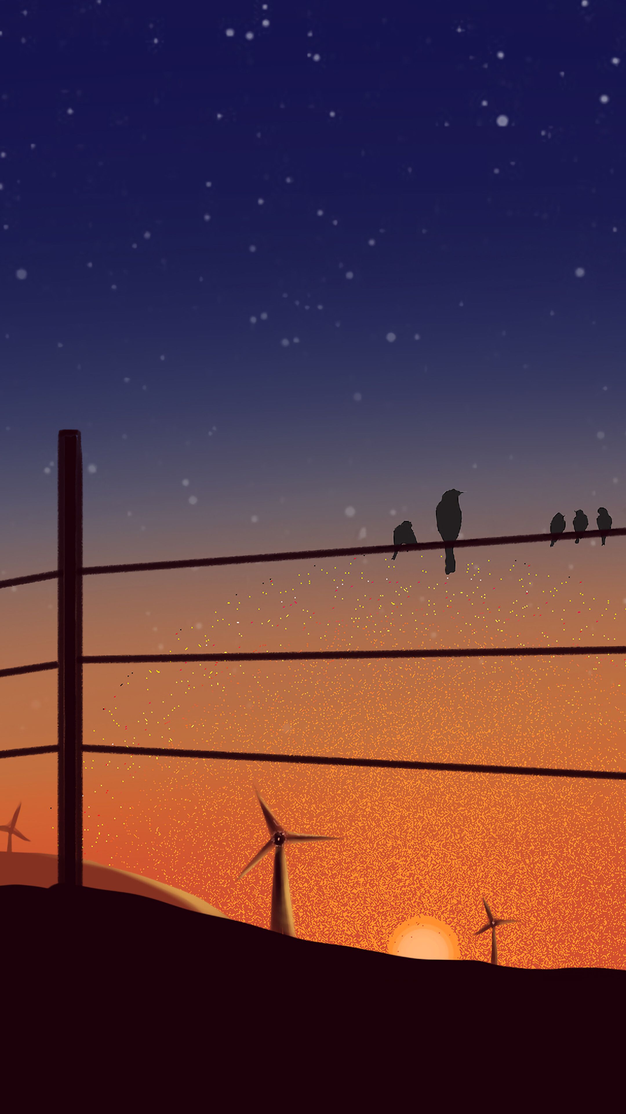 A fence with birds on it and the sun setting - Sunset