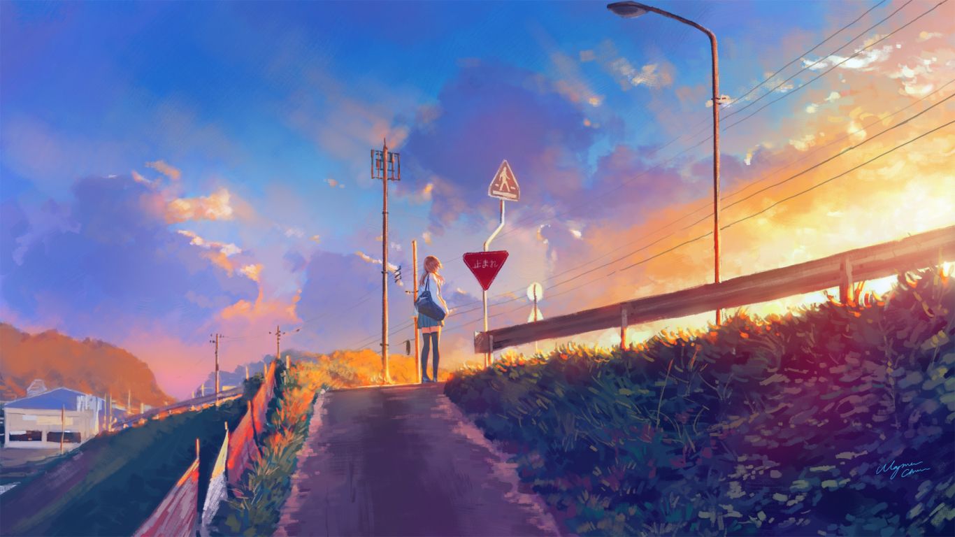 1920x1080 anime, 5 Centimeters Per Second, film, the road, sunset, road, fence, the evening, the sky, clouds, the girl - 1366x768, sunset, anime sunset