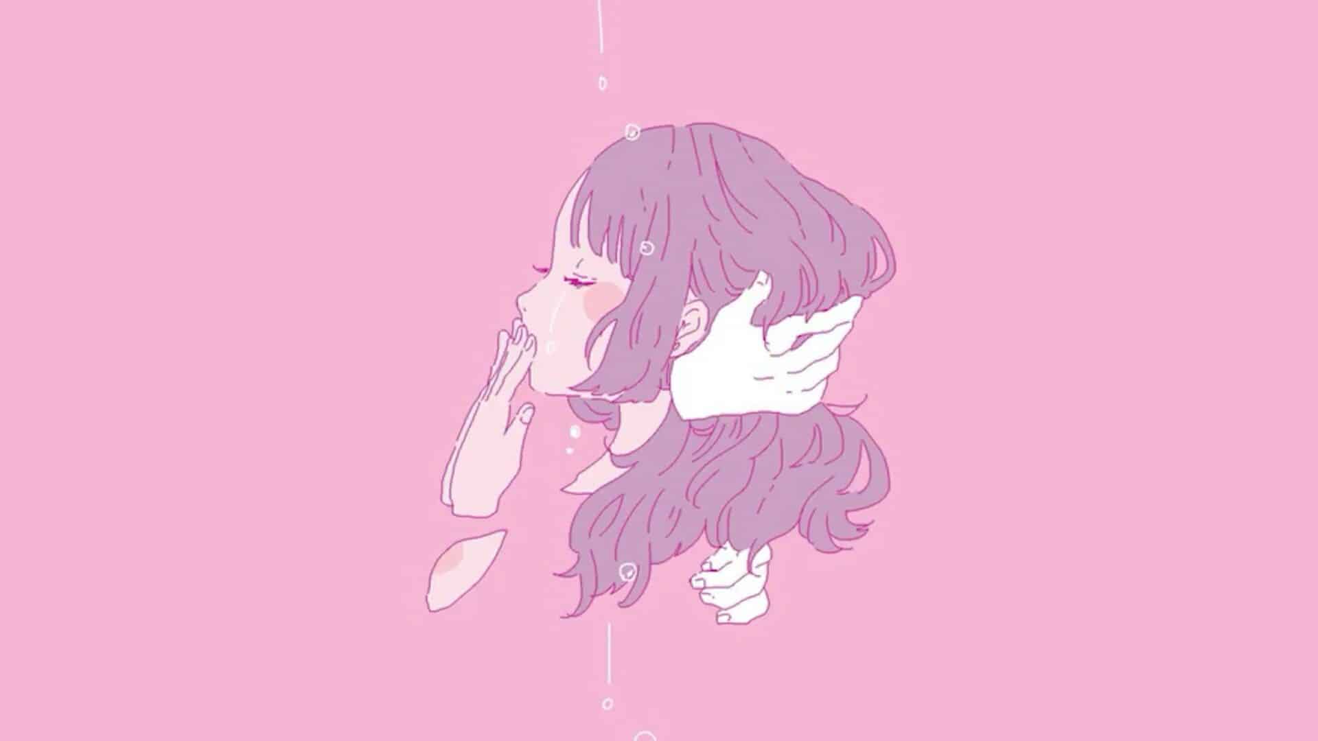 Illustration of a girl crying on a pink background - Lo fi, 90s