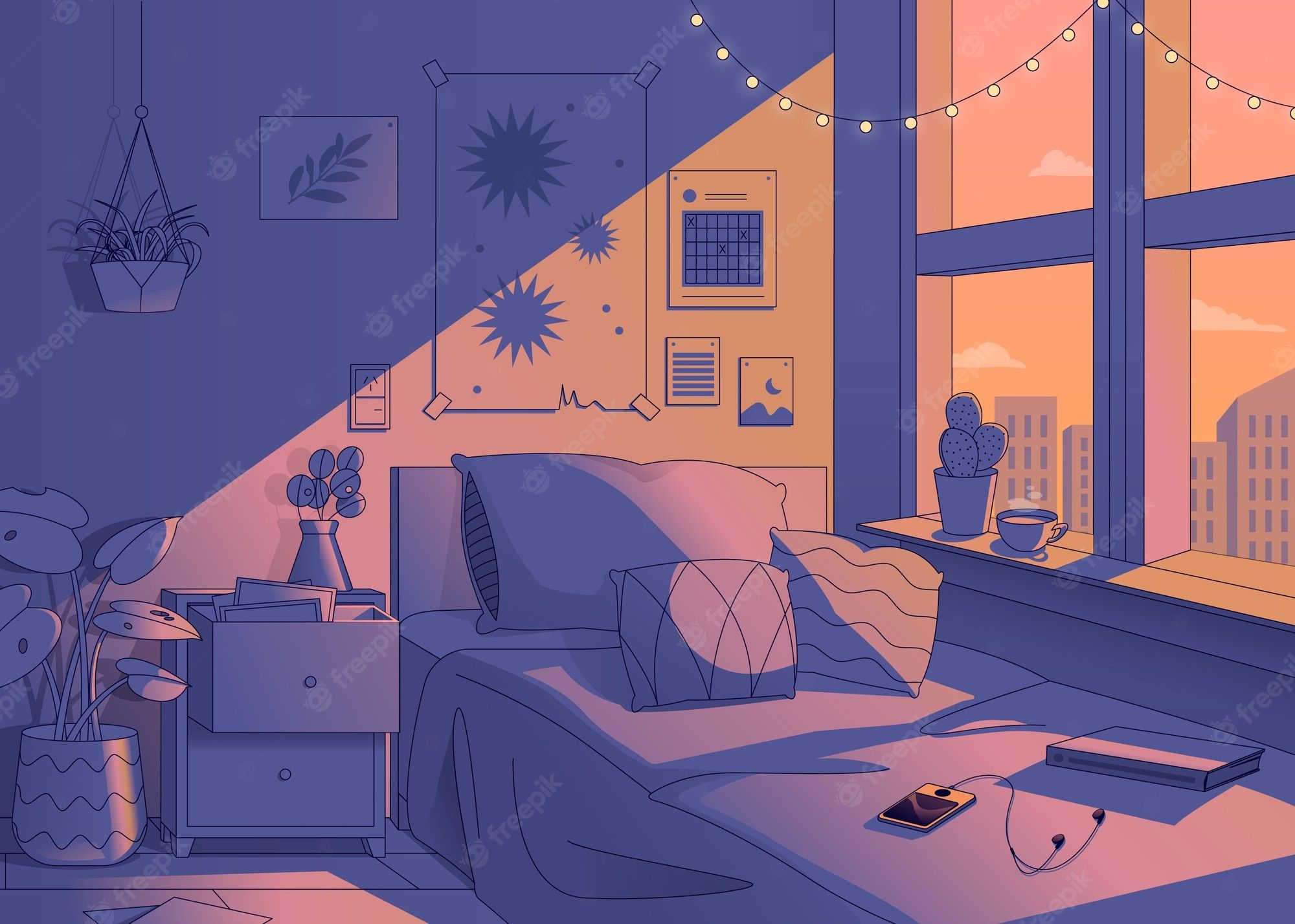 Illustration of a bedroom with a large window - Lo fi