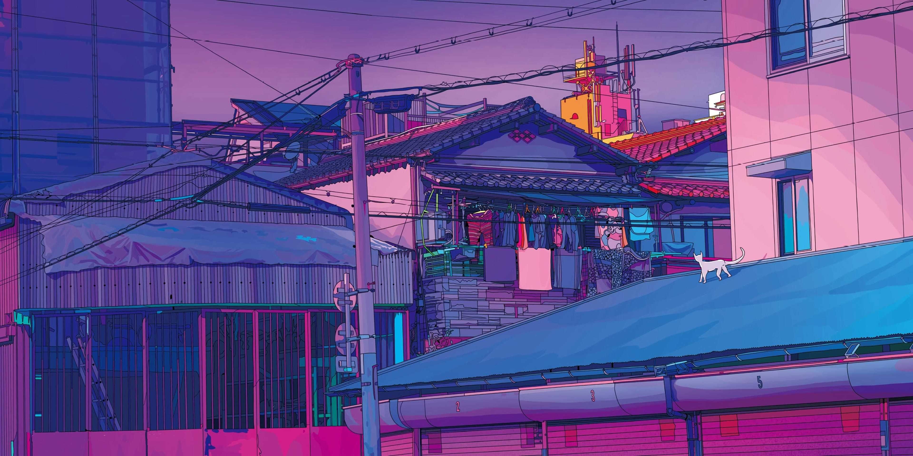 A colorful city scene with buildings and wires - Lo fi, anime city