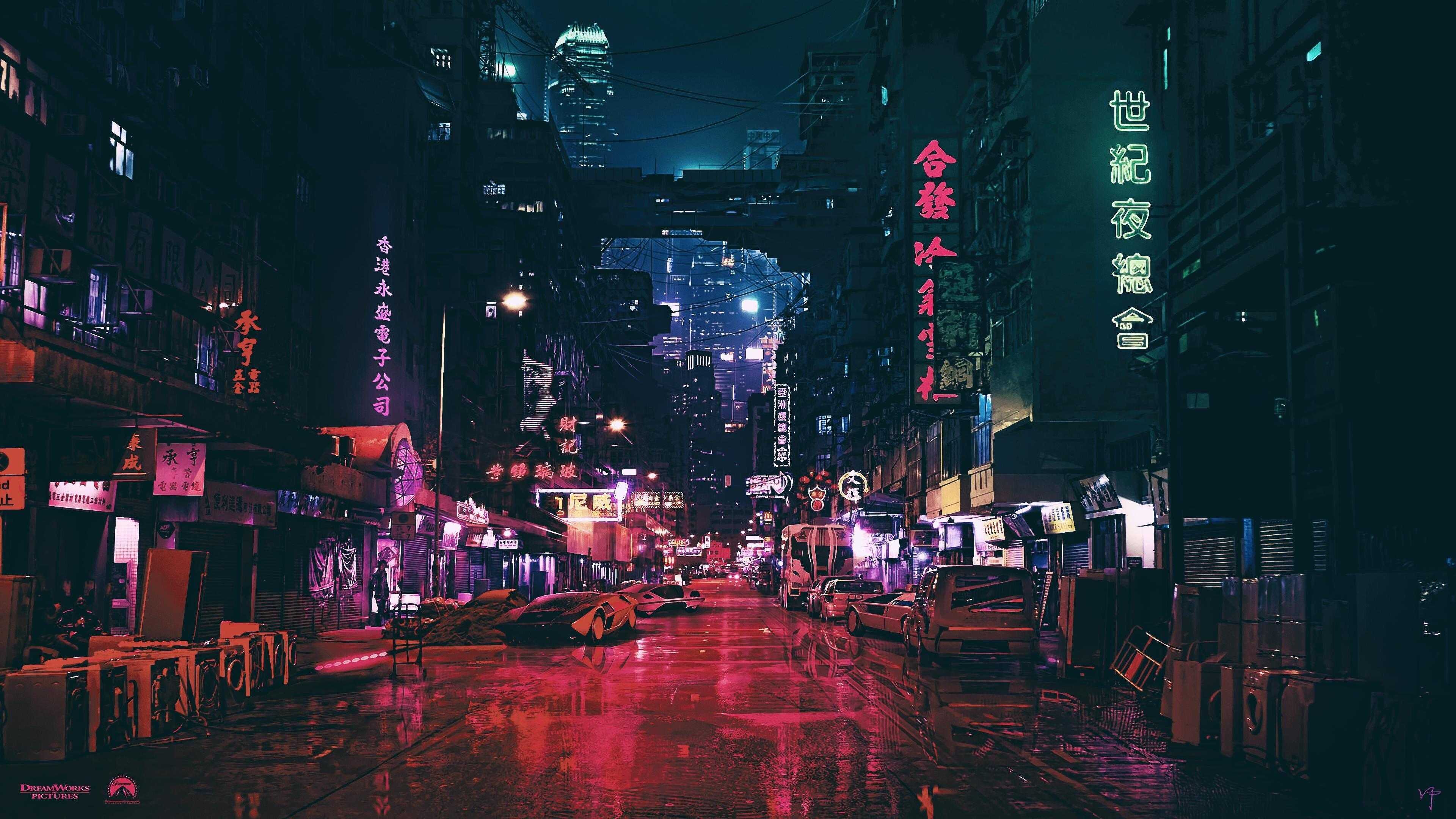 A neon-lit street at night in a city - Cyberpunk, lo fi
