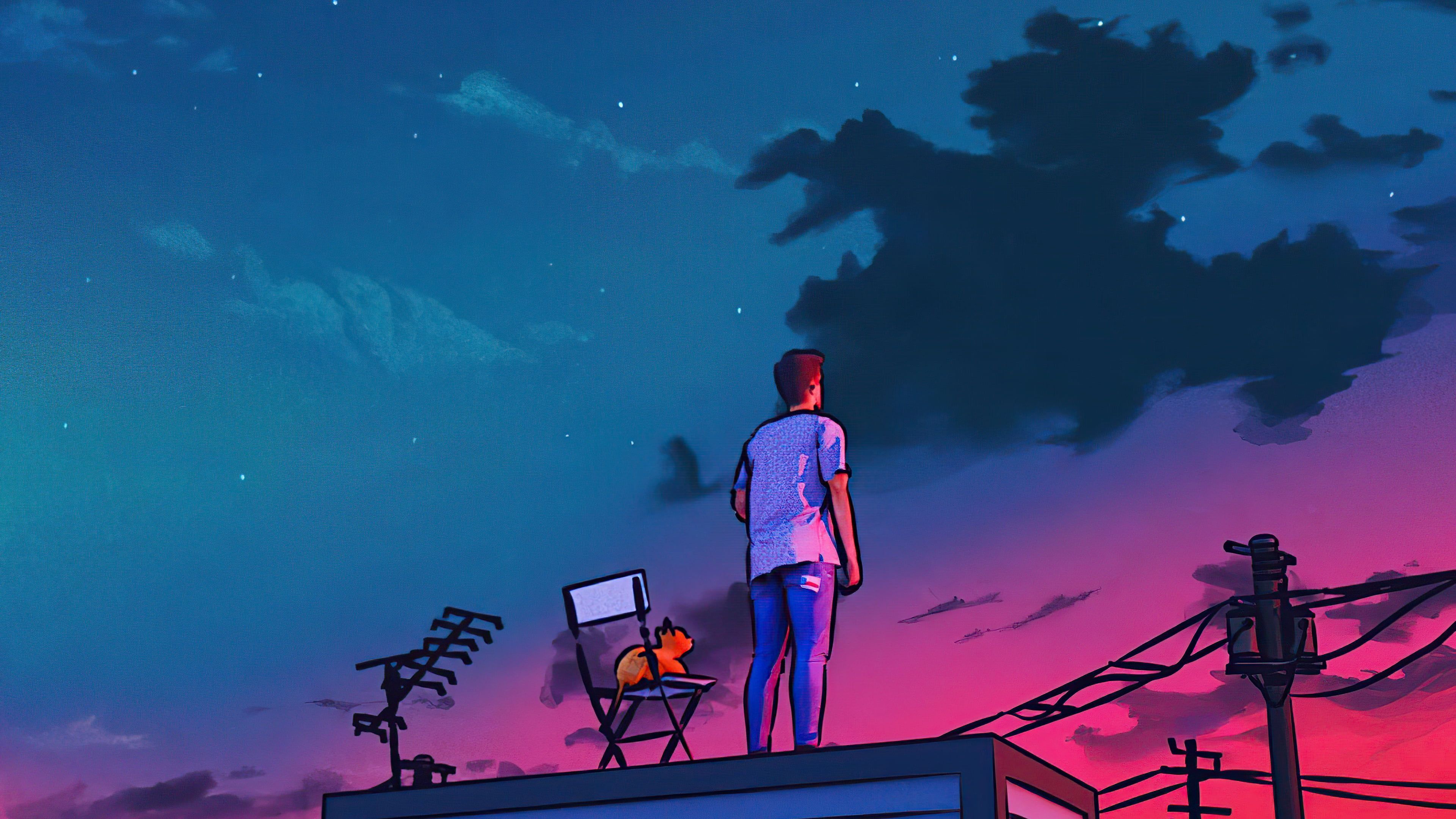 A person standing on a roof with a cat and looking at the sky - Lo fi