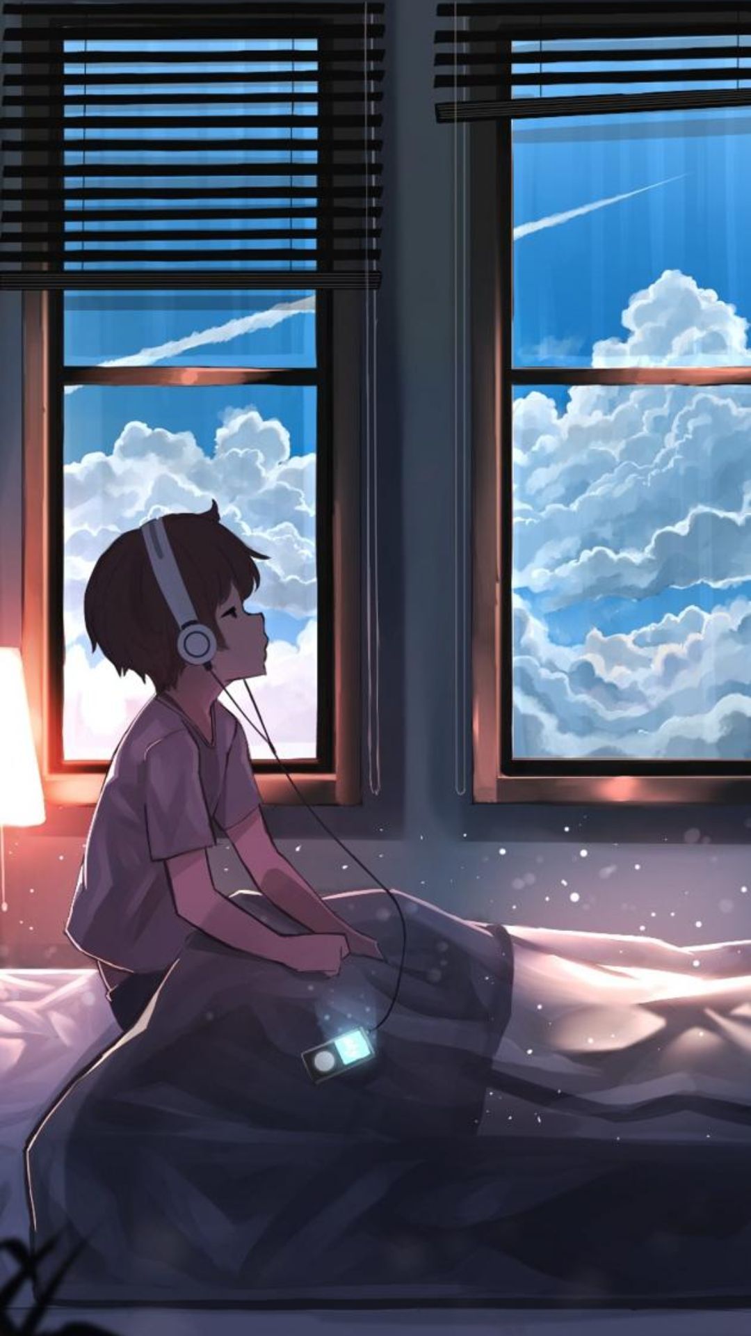 A young boy sitting on his bed looking out the window - Lo fi
