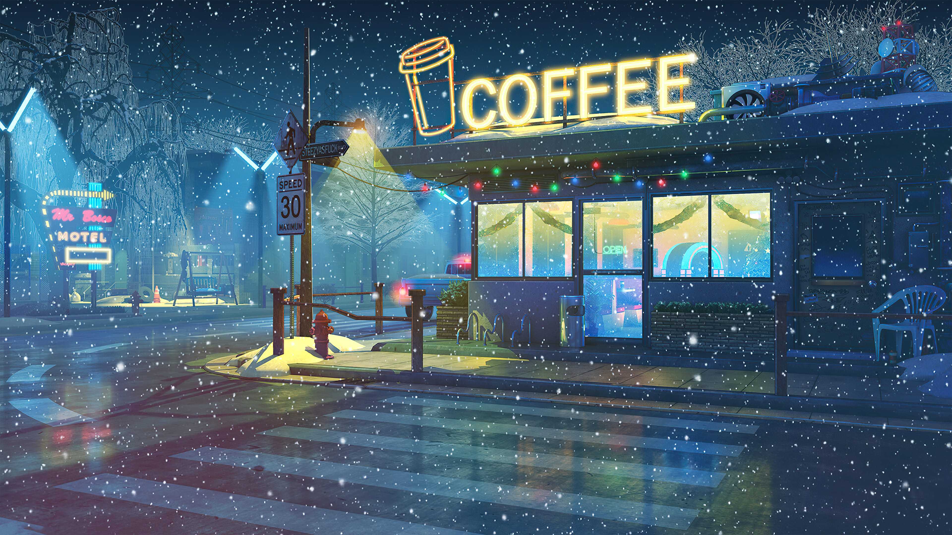 A coffee shop with a neon sign that says COFFEE. - Lo fi