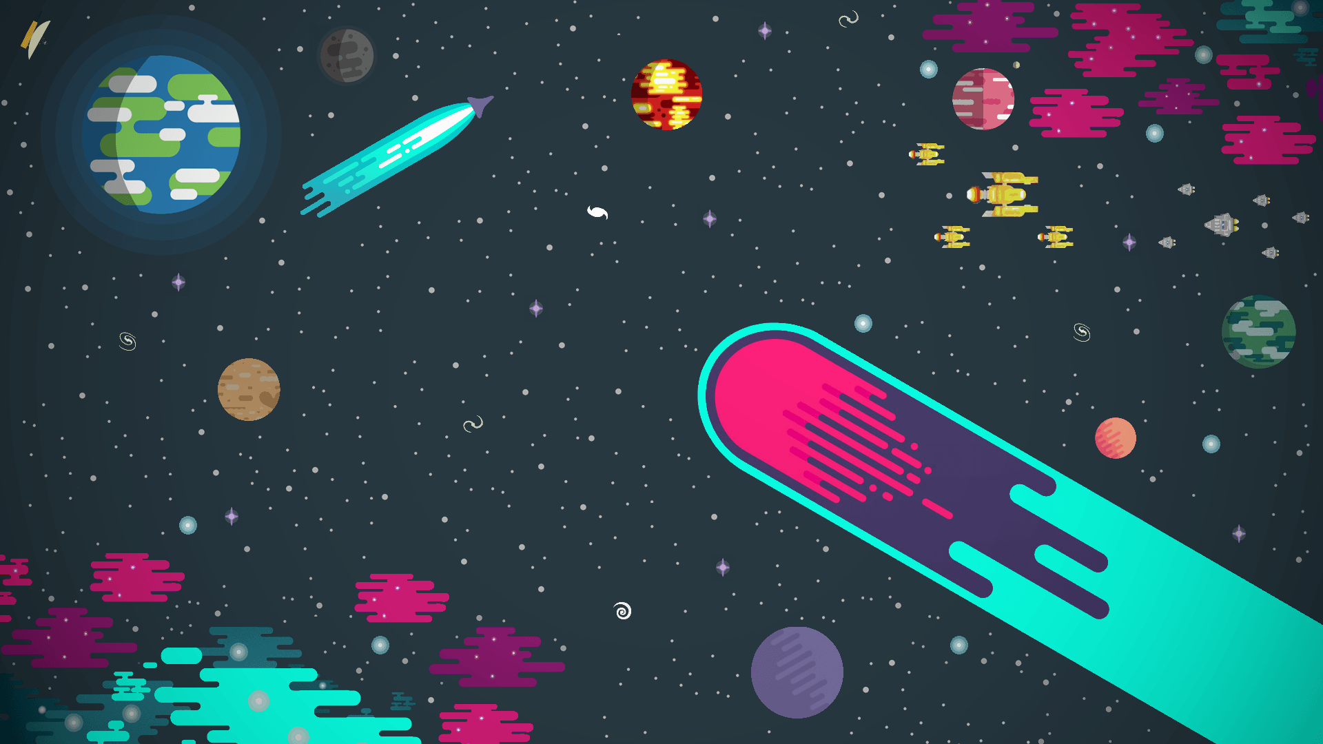 Space wallpaper with colorful planets, stars, and a rocket - Lo fi