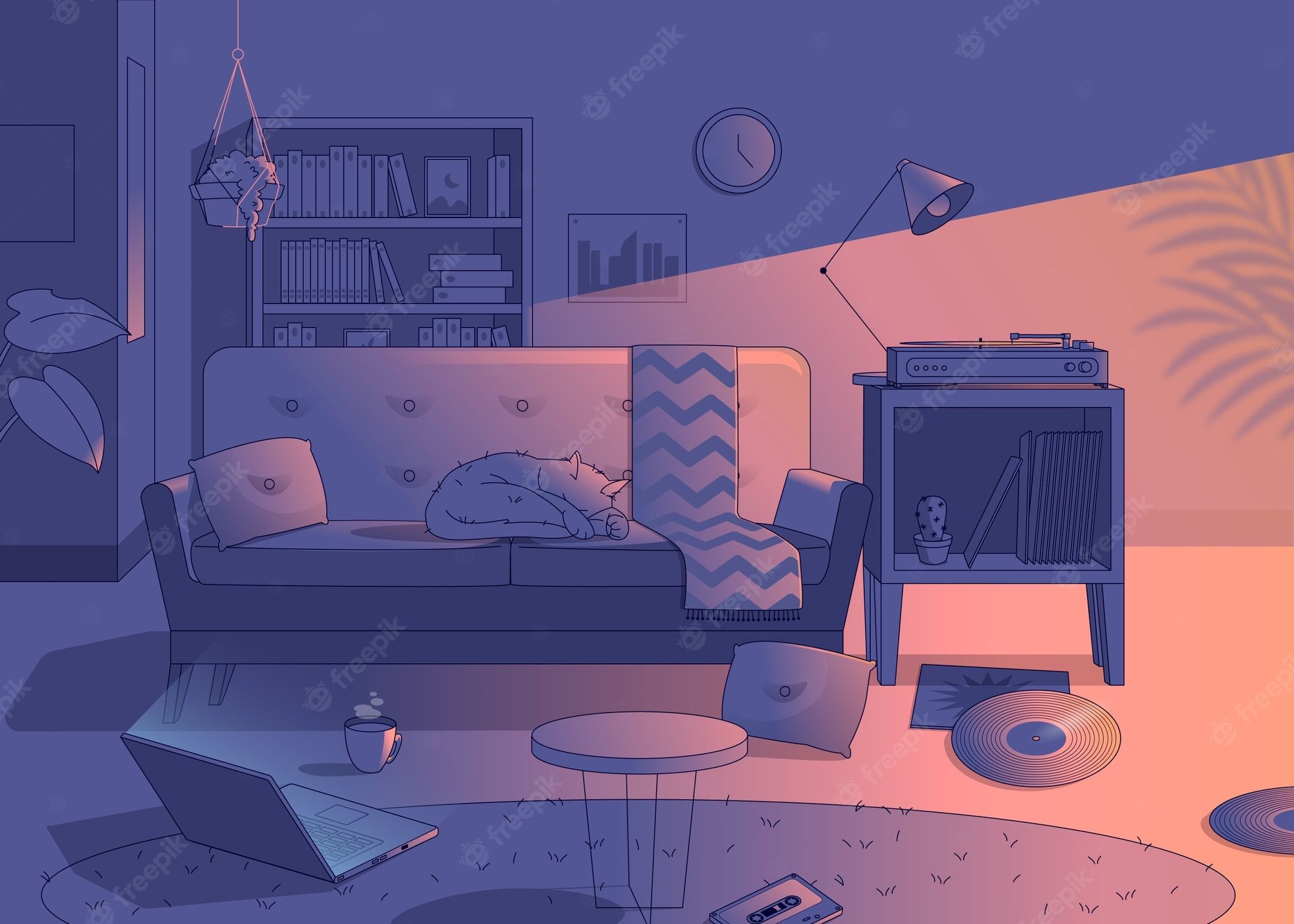 Illustration of a cozy living room with a cat sleeping on the couch - Lo fi