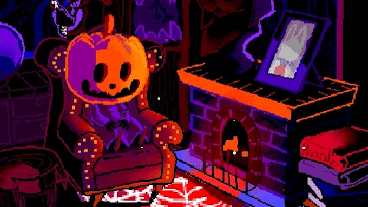 A pumpkin-headed monster sits in a chair in a dark room. - Lo fi