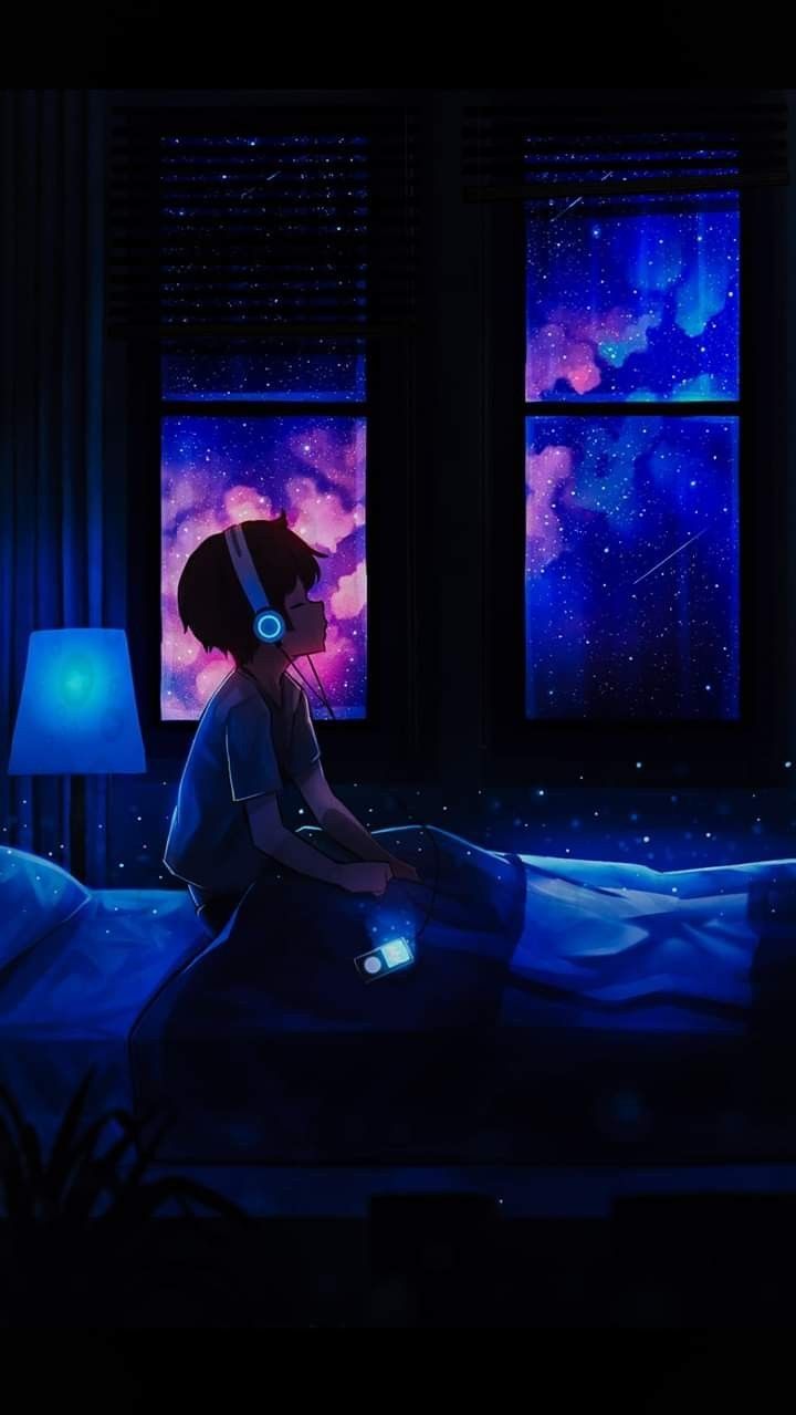 A boy sitting on a bed with headphones on, looking out the window at the stars - Lo fi