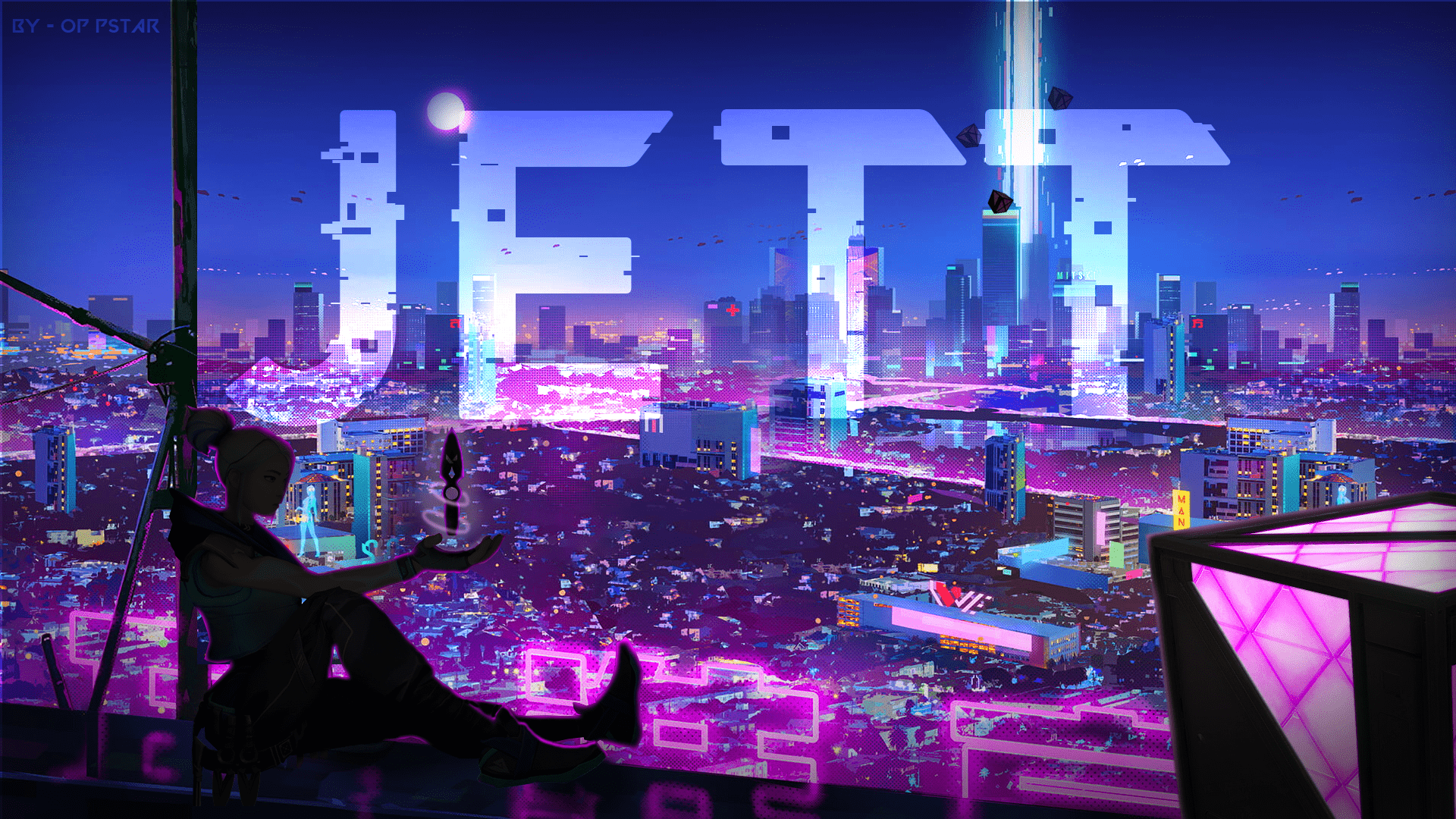 A person sitting on a ledge in a cyberpunk city with the word NFT in the background - Lo fi