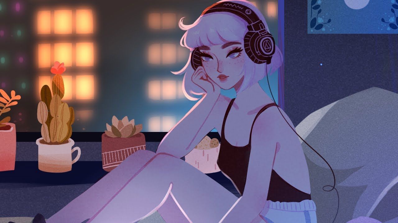 A girl with headphones on sitting on her bed - Lo fi