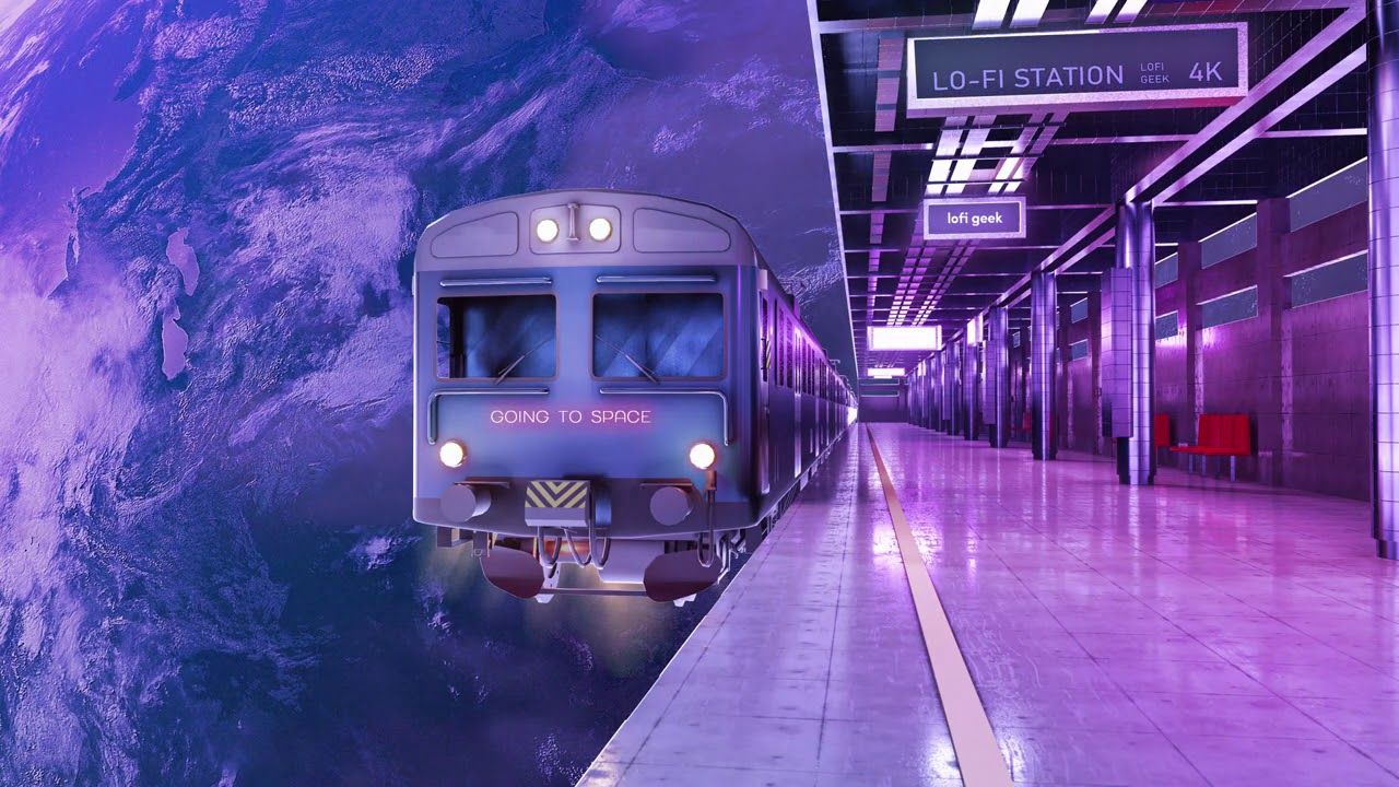A train pulling into a station with a purple sky - Lo fi