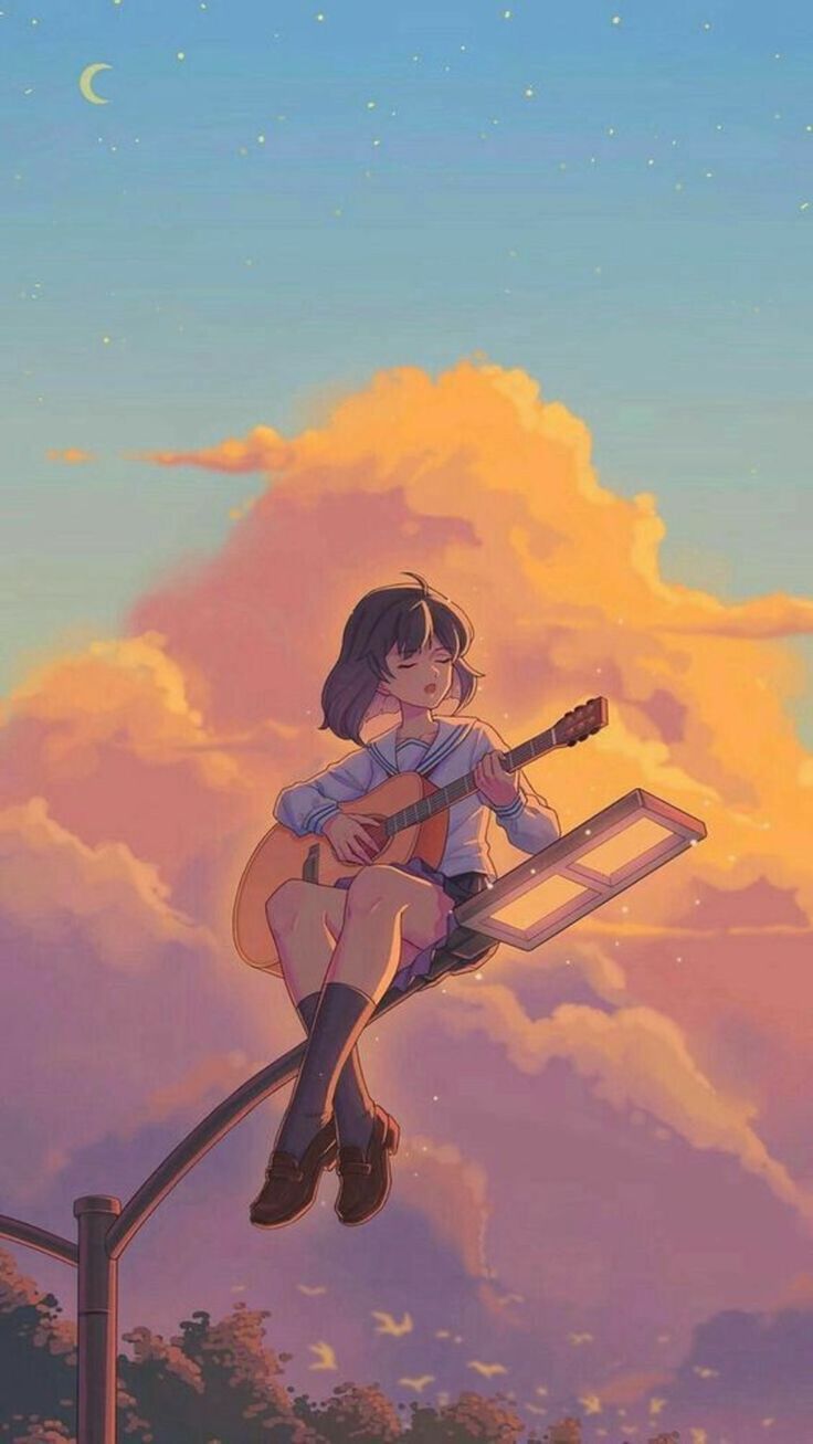 Aesthetic anime girl playing guitar on a ladder in the sky - Lo fi