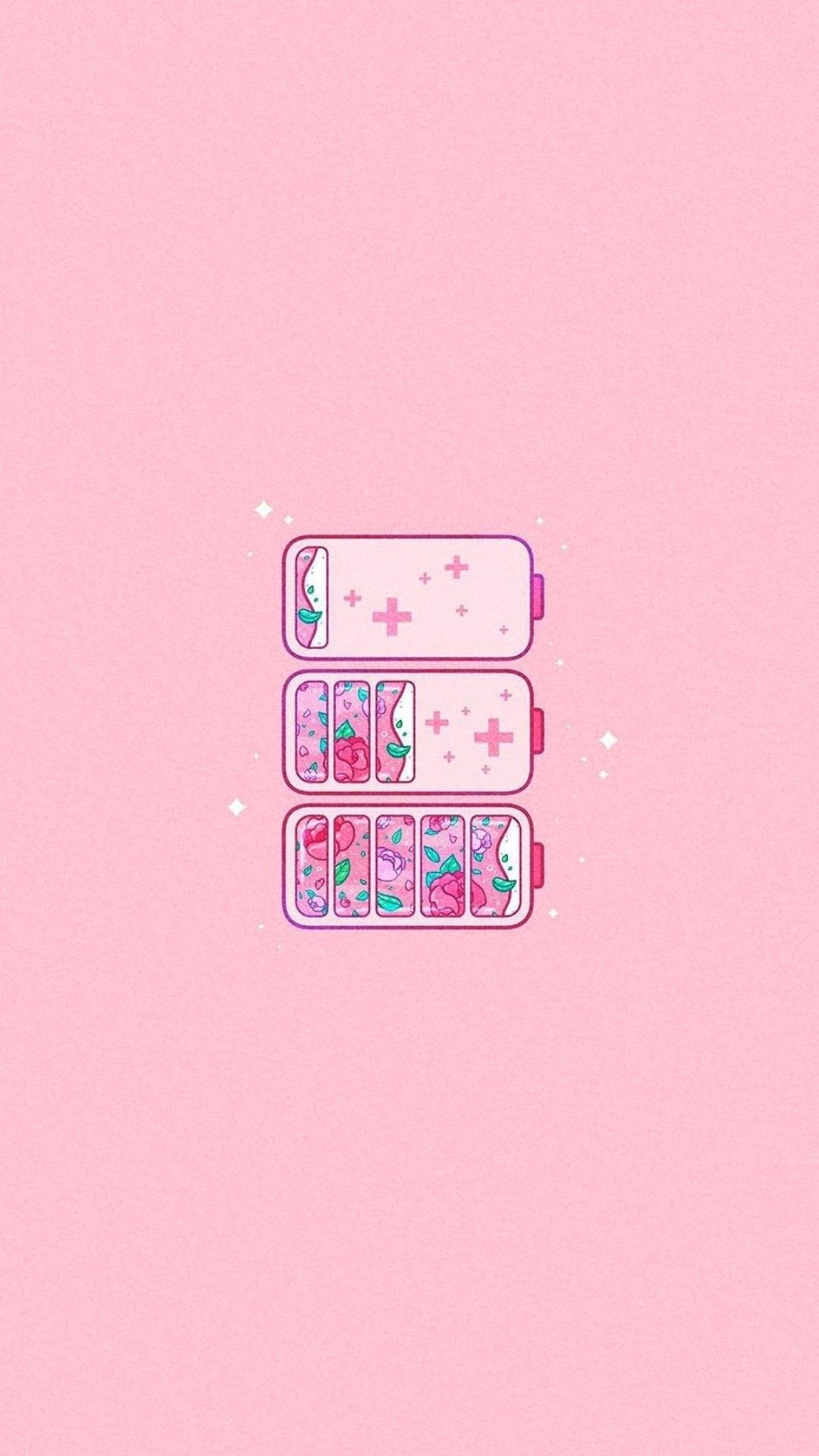 IPhone wallpaper of a pink battery with three different levels of charge - Pink anime