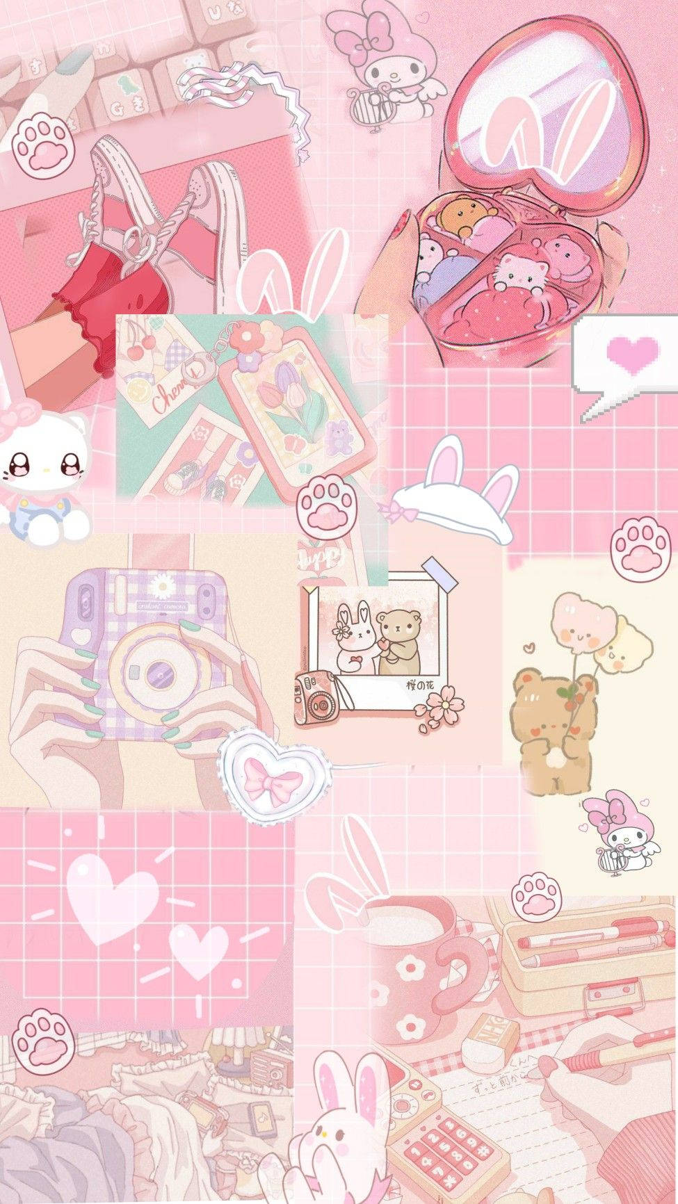 Aesthetic background of a pink and white grid with cartoon drawings of animals and objects. - Pink anime