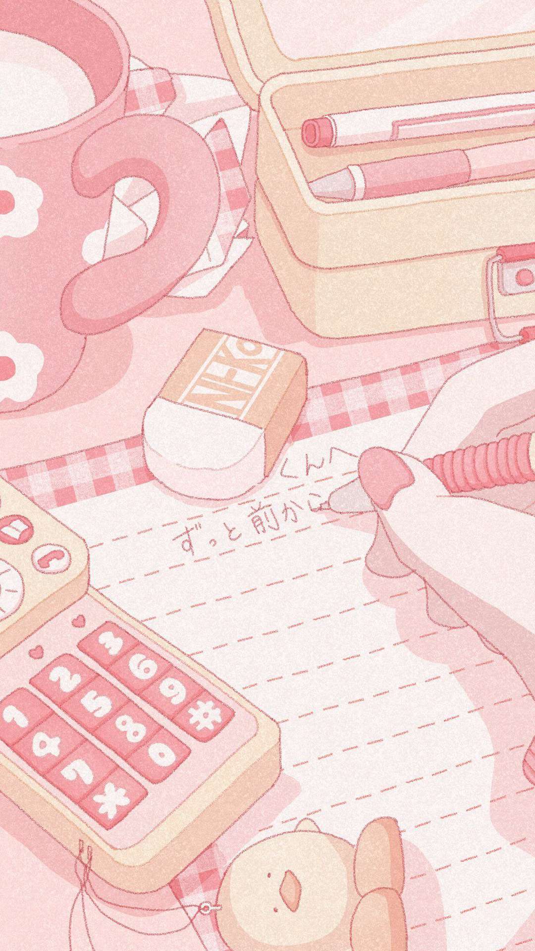 Pink aesthetic phone background with calculator, pencil, and a book - Pink anime