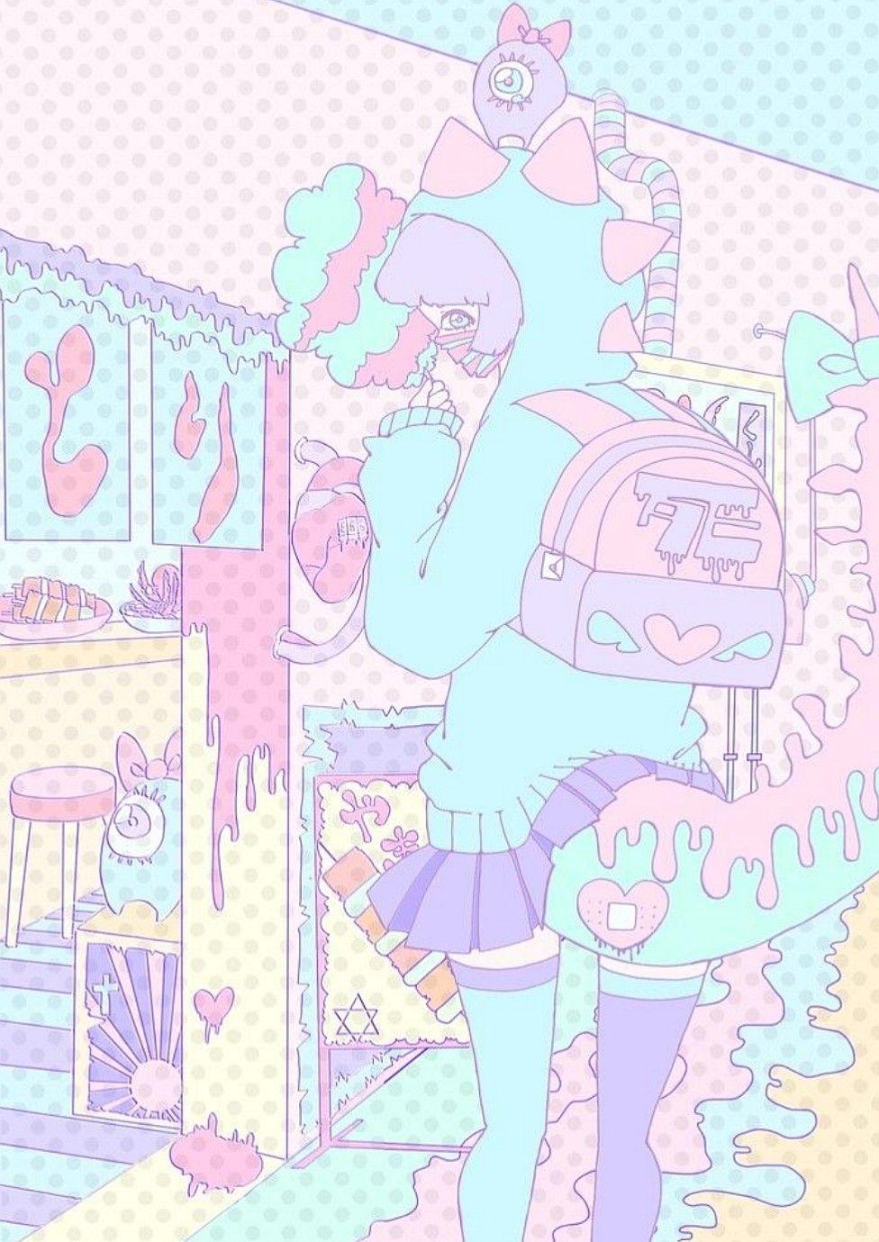 A pastel goth girl with a backpack and a knife, standing in a room full of food, surrounded by bunnies and a cat. - Pink anime
