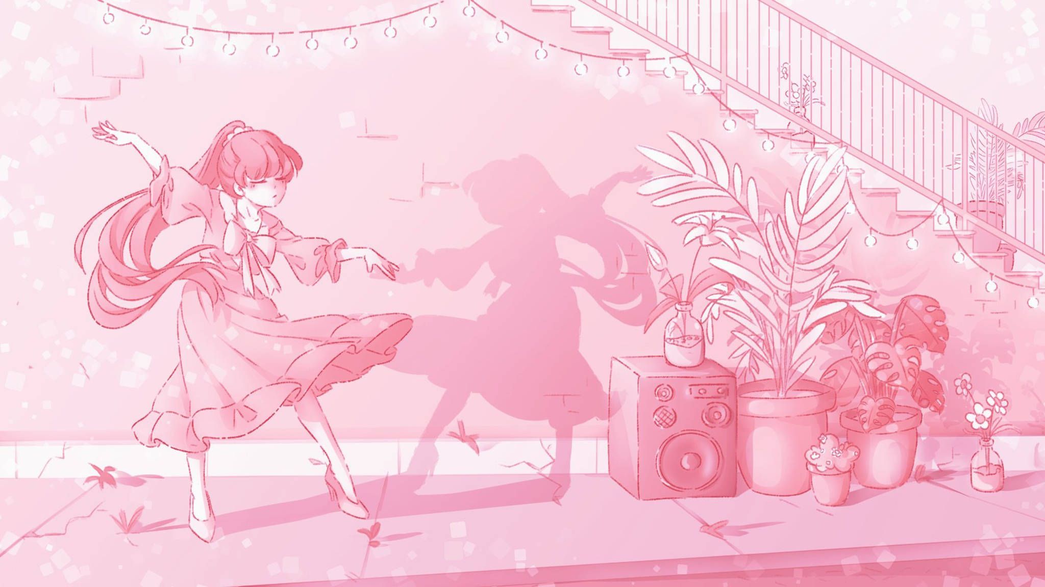 A girl dances in a pink room with houseplants and a radio. - Pink anime