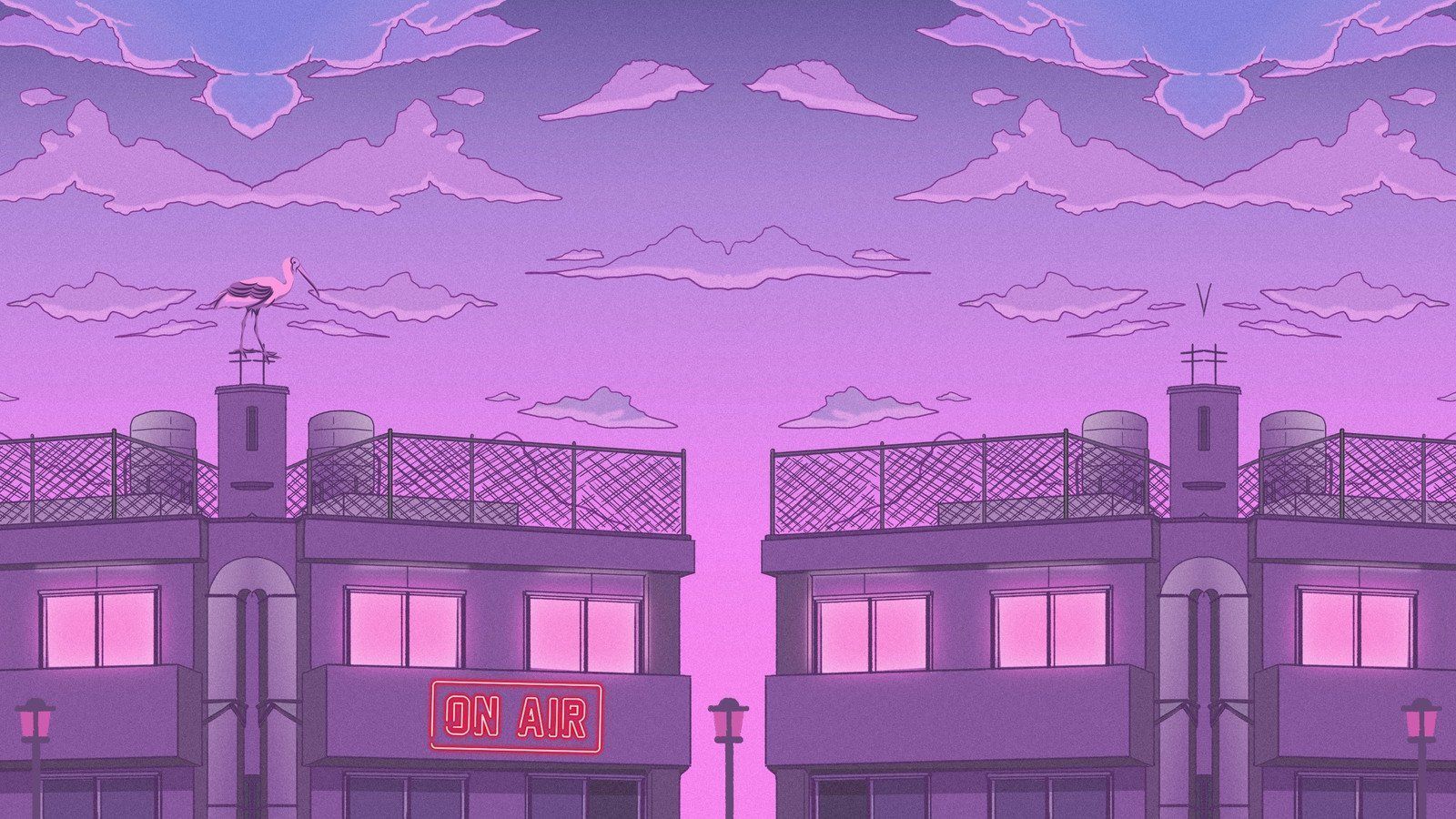 An animation of a radio station at sunset with a pink and purple color scheme. - Pink anime, anime, anime city, 90s anime