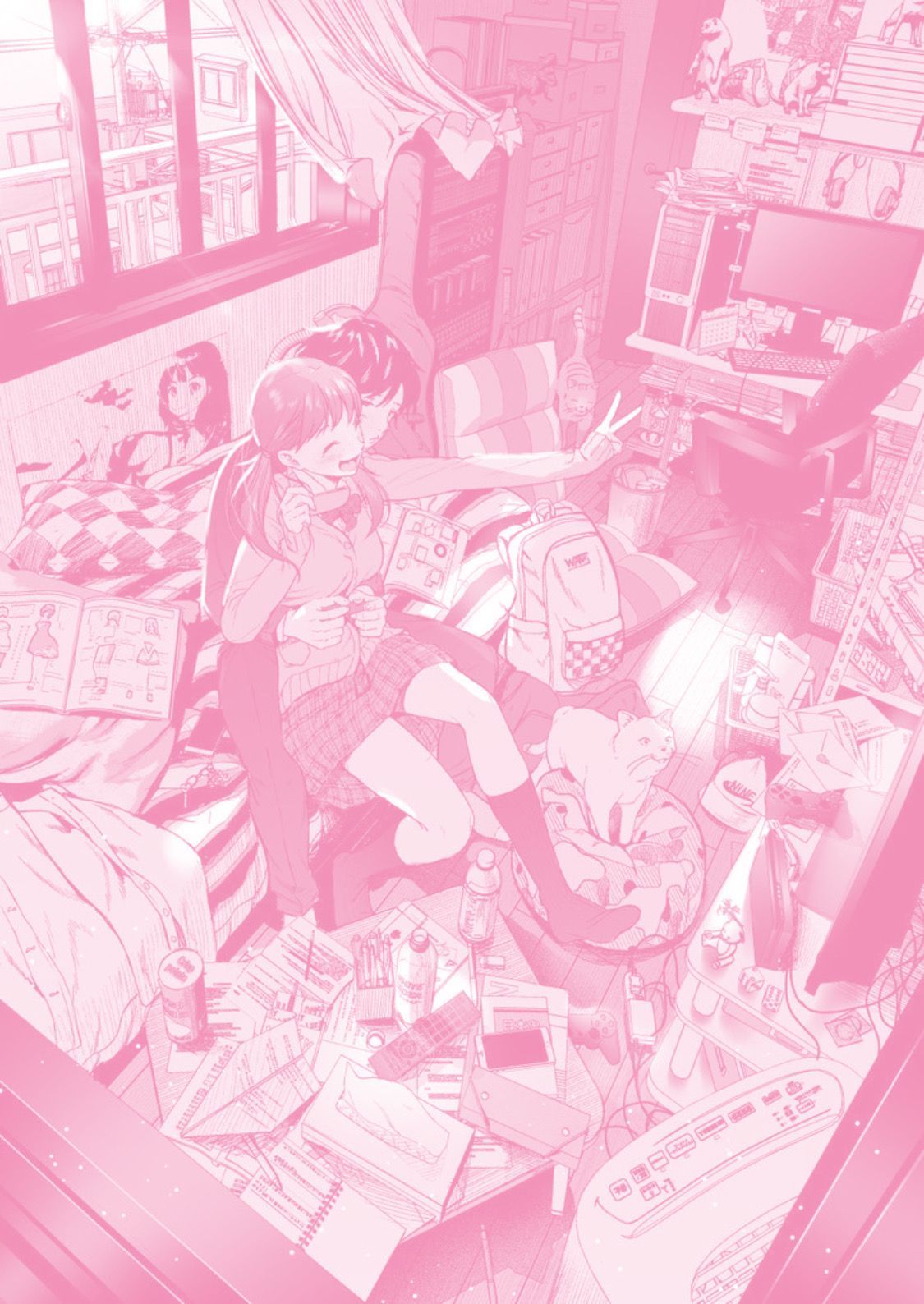 A pink-tinted image of a cluttered room with a girl sitting on the floor in the center. - Pink anime