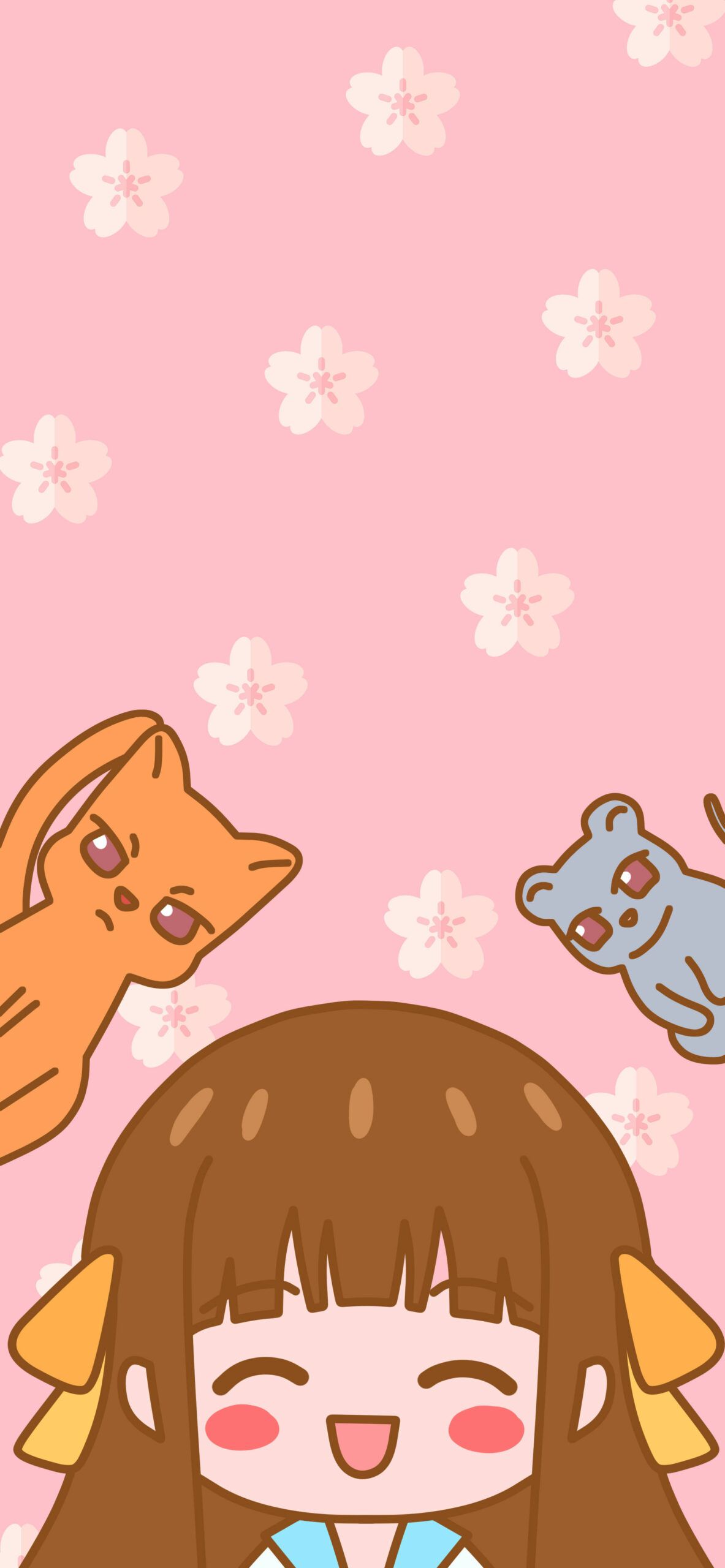 A kawaii wallpaper of a girl with brown hair and a cat and dog on either side of her head. - Pink anime